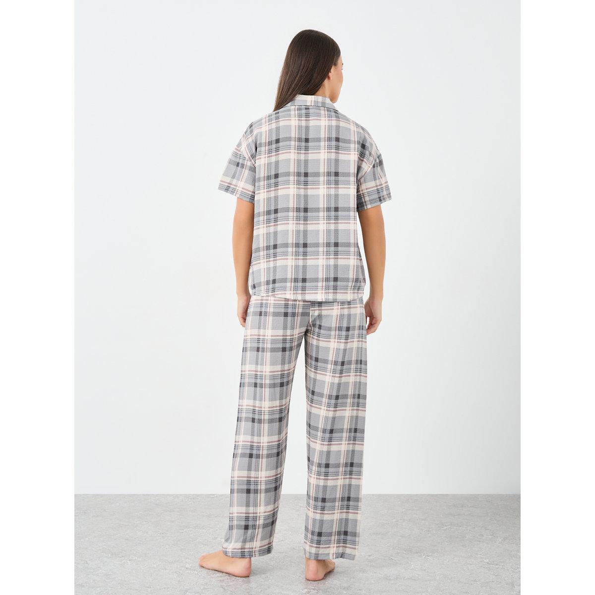 Styli Checked Button Through Shirt and Pyjama Set-women-clothing-nightwear-pyjamas-longsets-image-5