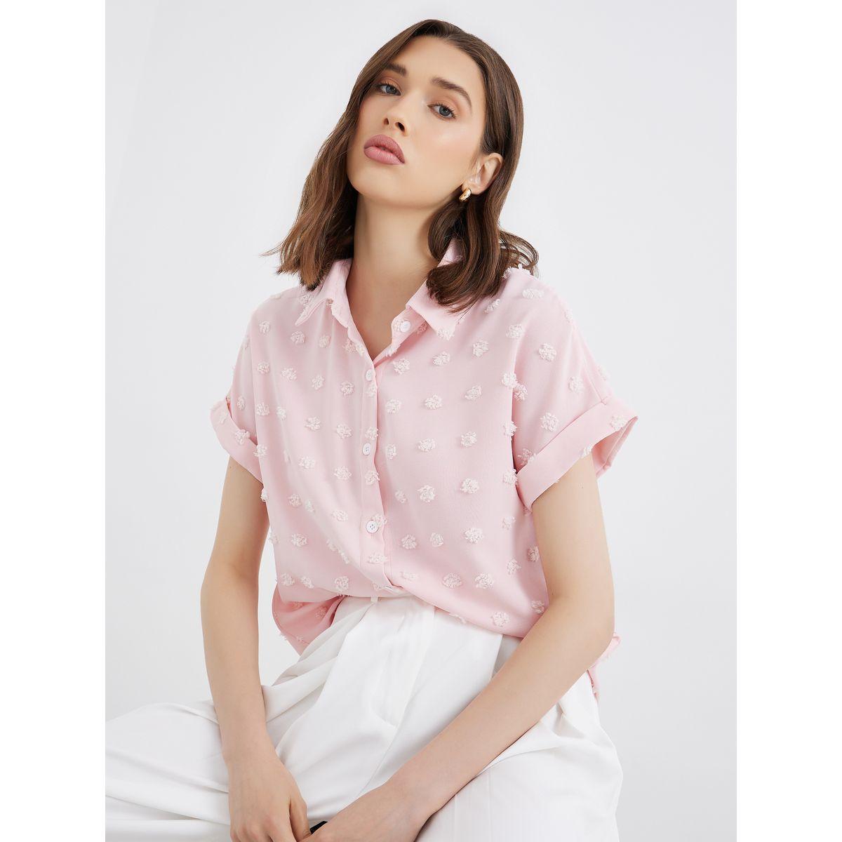 Styli Women Pink Swiss Dot Textured Shirt-women-clothing-shirtsandblouses-shirts-image-1
