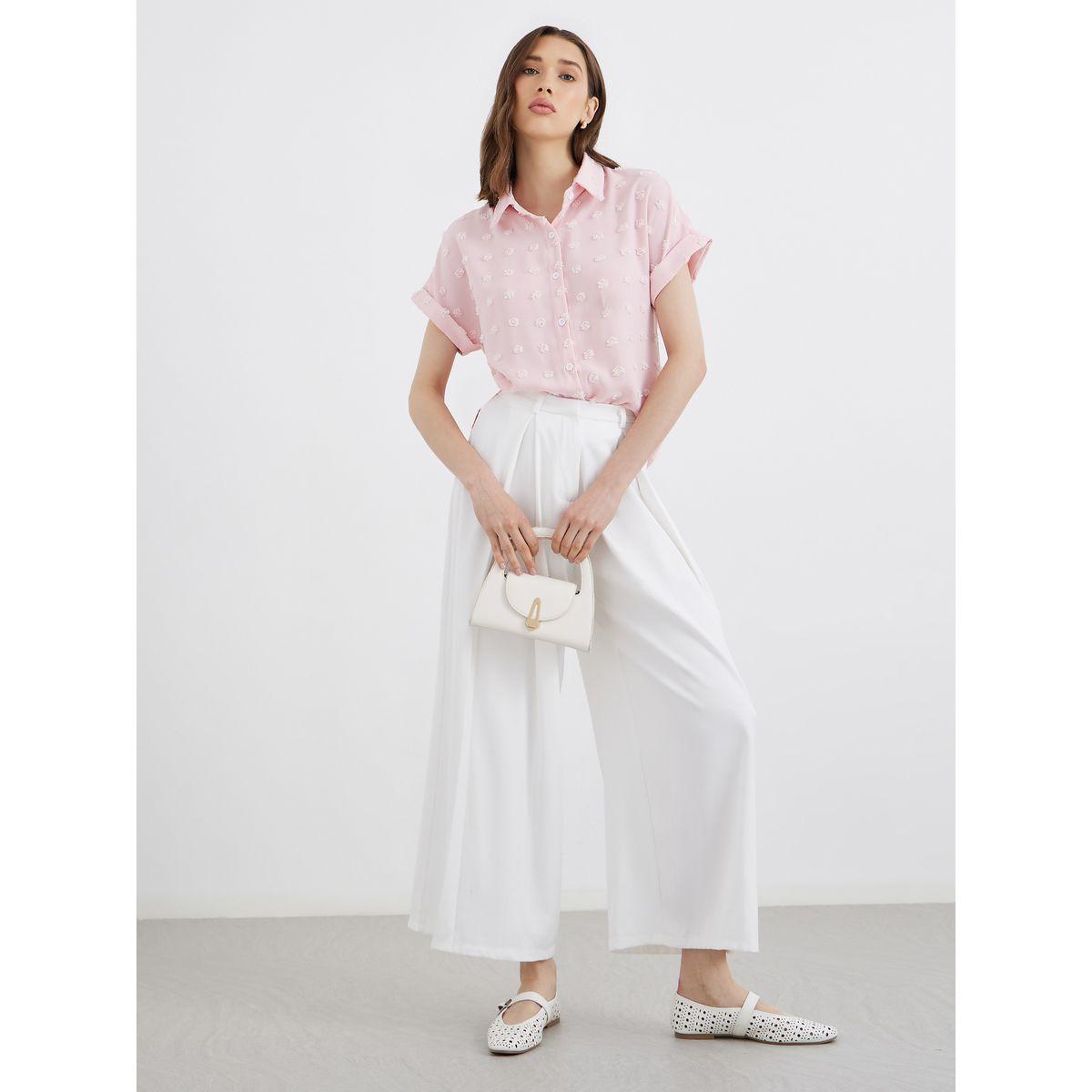 Styli Women Pink Swiss Dot Textured Shirt-women-clothing-shirtsandblouses-shirts-image-2