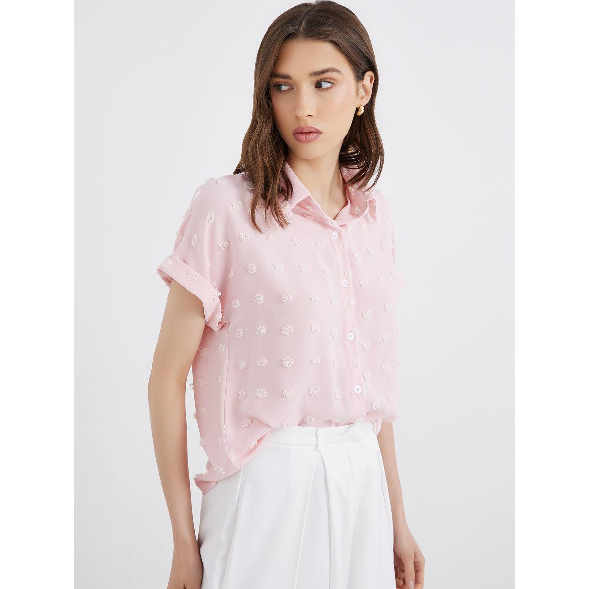Styli Women Pink Swiss Dot Textured Shirt-women-clothing-shirtsandblouses-shirts-image-3
