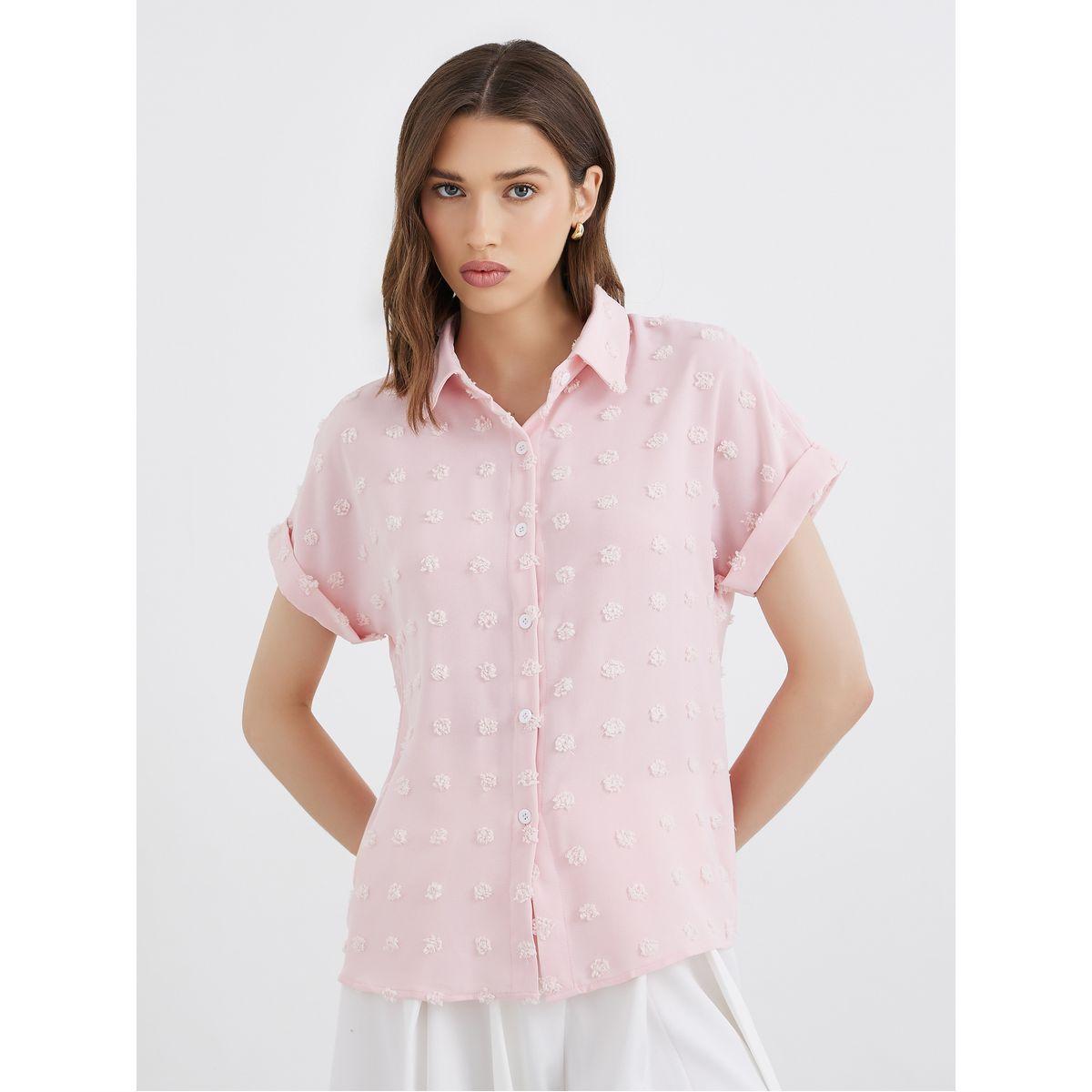Styli Women Pink Swiss Dot Textured Shirt-women-clothing-shirtsandblouses-shirts-image-4