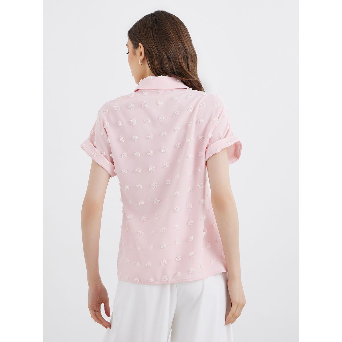 Styli Women Pink Swiss Dot Textured Shirt-women-clothing-shirtsandblouses-shirts-image-6