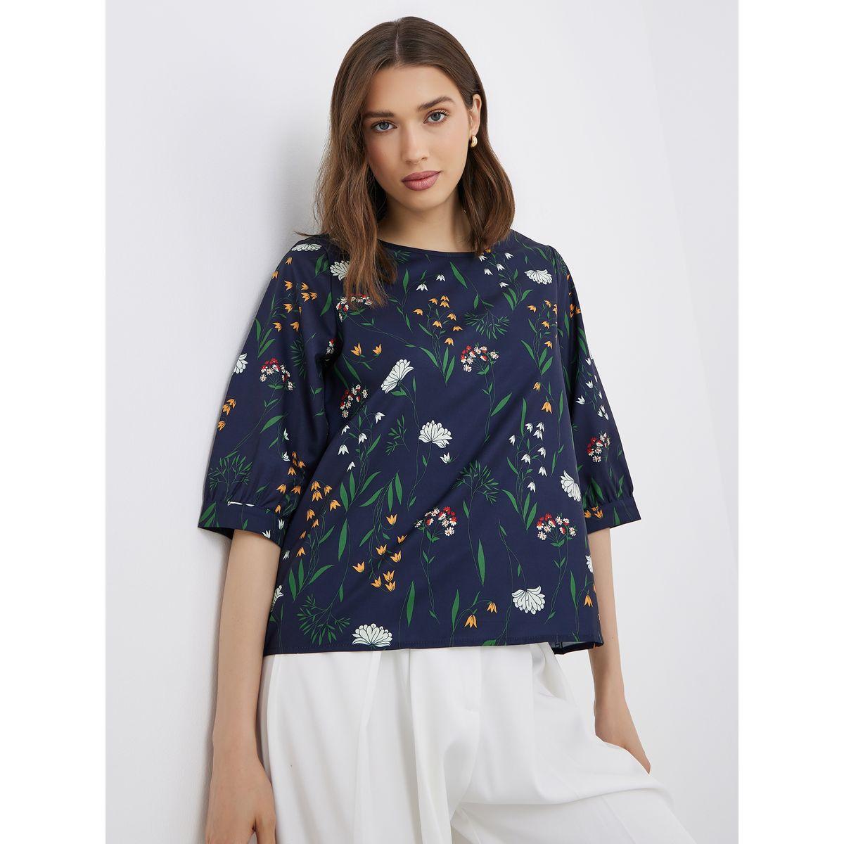 Styli Women Navy Blue Floral Print Top-women-clothing-shirtsandblouses-blouses-image-1