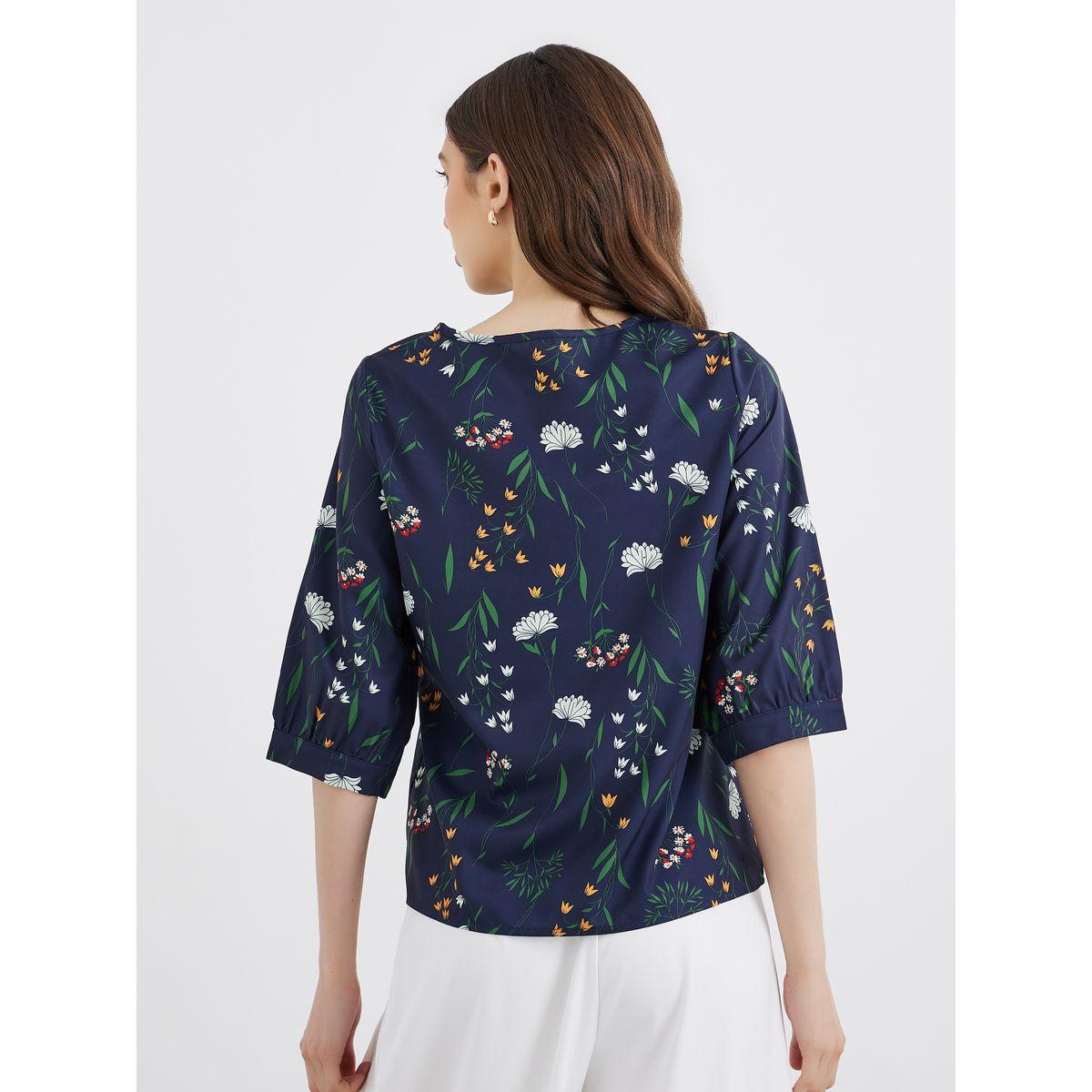 Styli Women Navy Blue Floral Print Top-women-clothing-shirtsandblouses-blouses-image-4