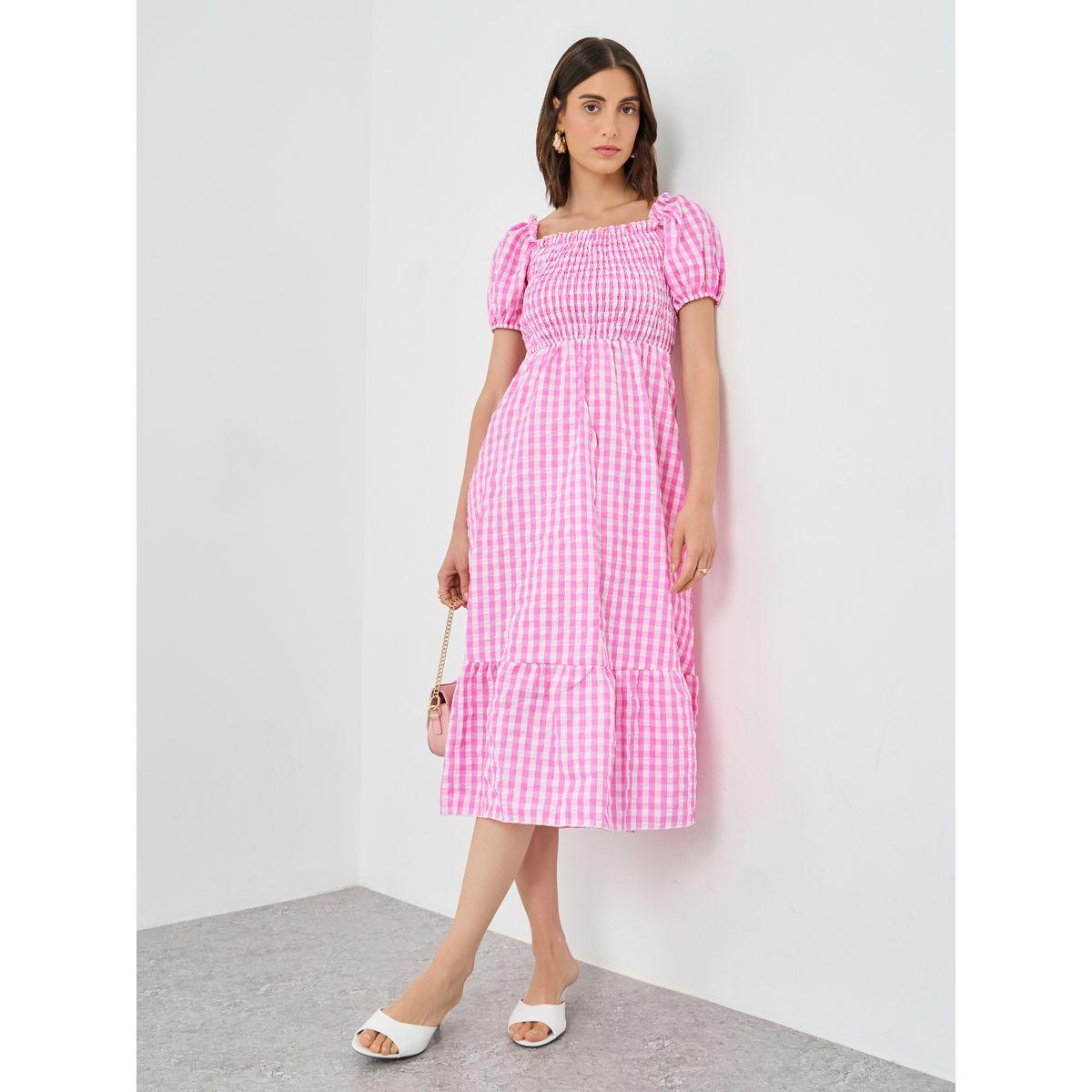 فستان ميدي بطبعة مربعات جنجهام-women-clothing-dresses-image-1
