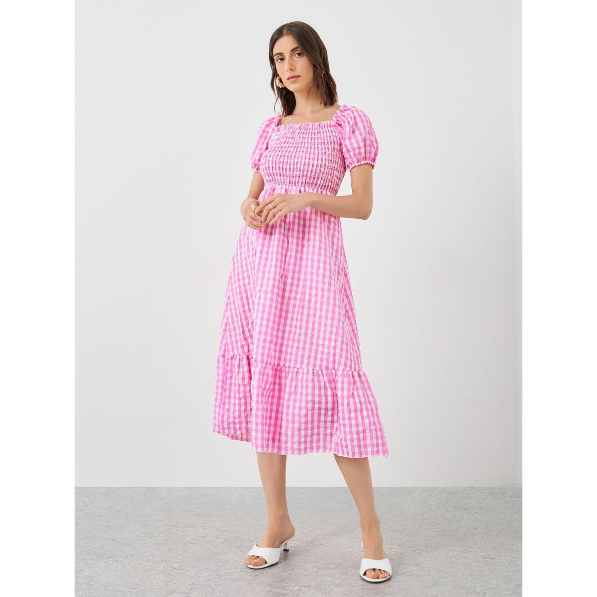 Styli Women Pink Gingham Checked Midi Dress-women-clothing-dresses-image-2