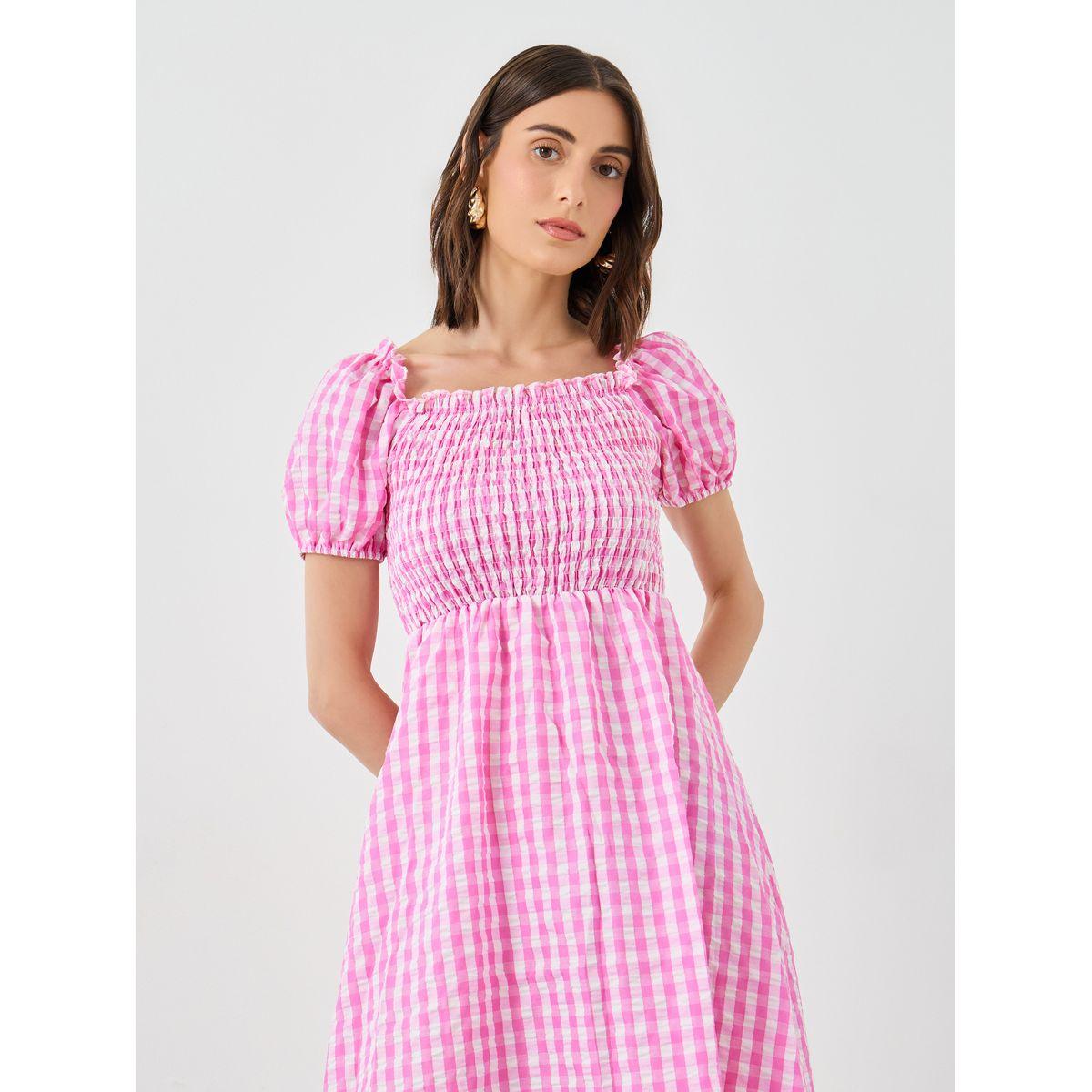 Styli Women Pink Gingham Checked Midi Dress-women-clothing-dresses-image-3