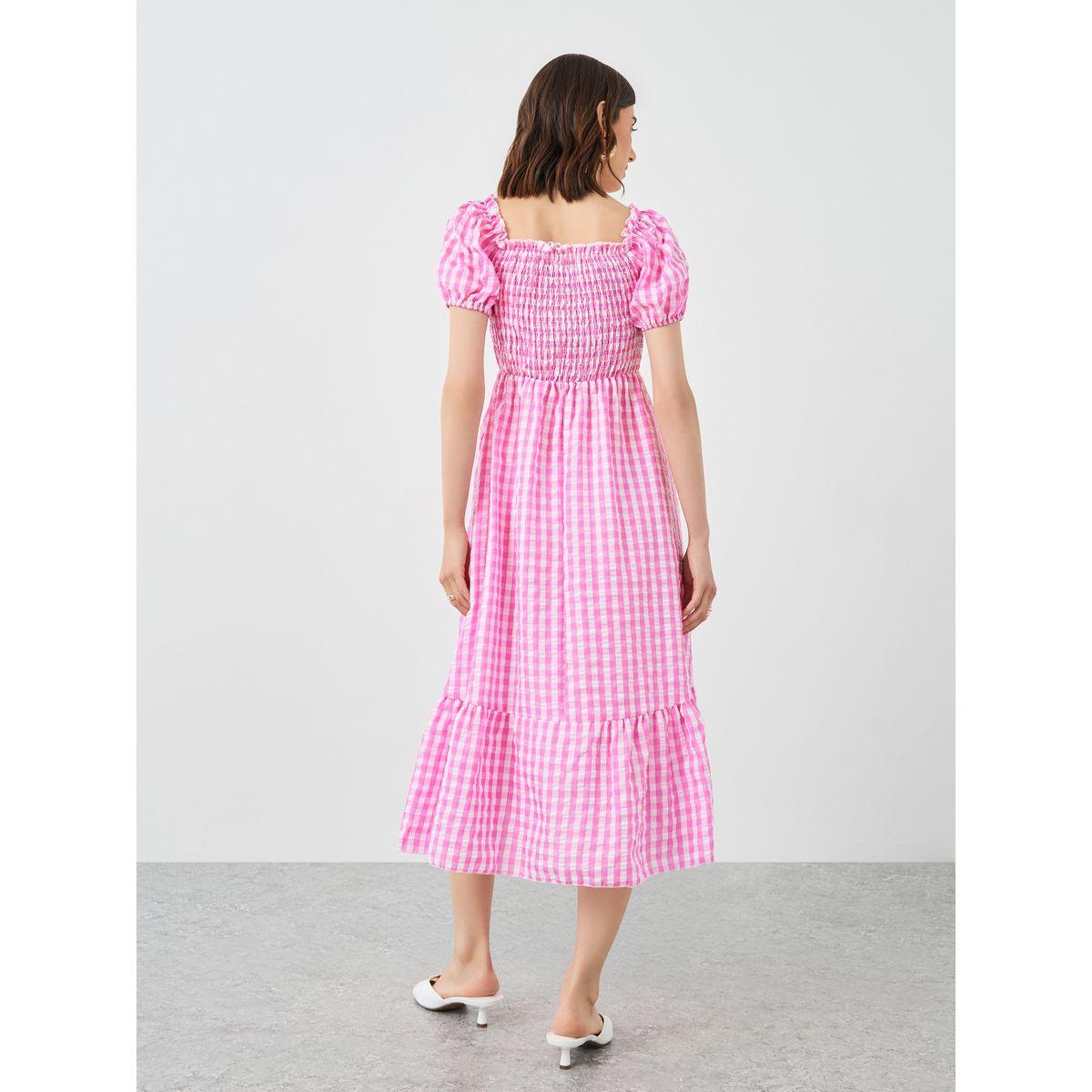 Styli Women Pink Gingham Checked Midi Dress-women-clothing-dresses-image-5