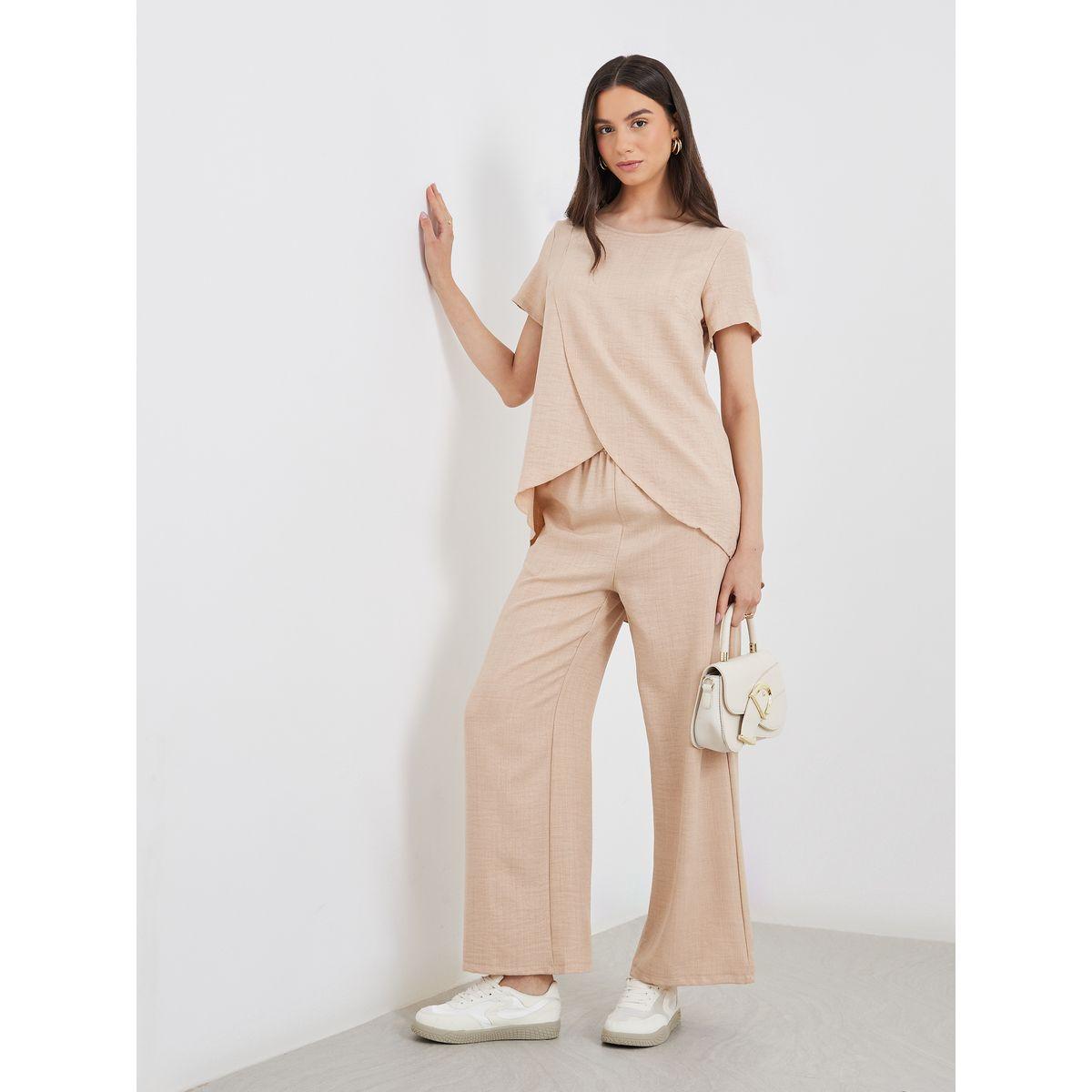 Styli Women Beige Wrap Top and Pants Co-Ords-women-clothing-coordsets-image-1