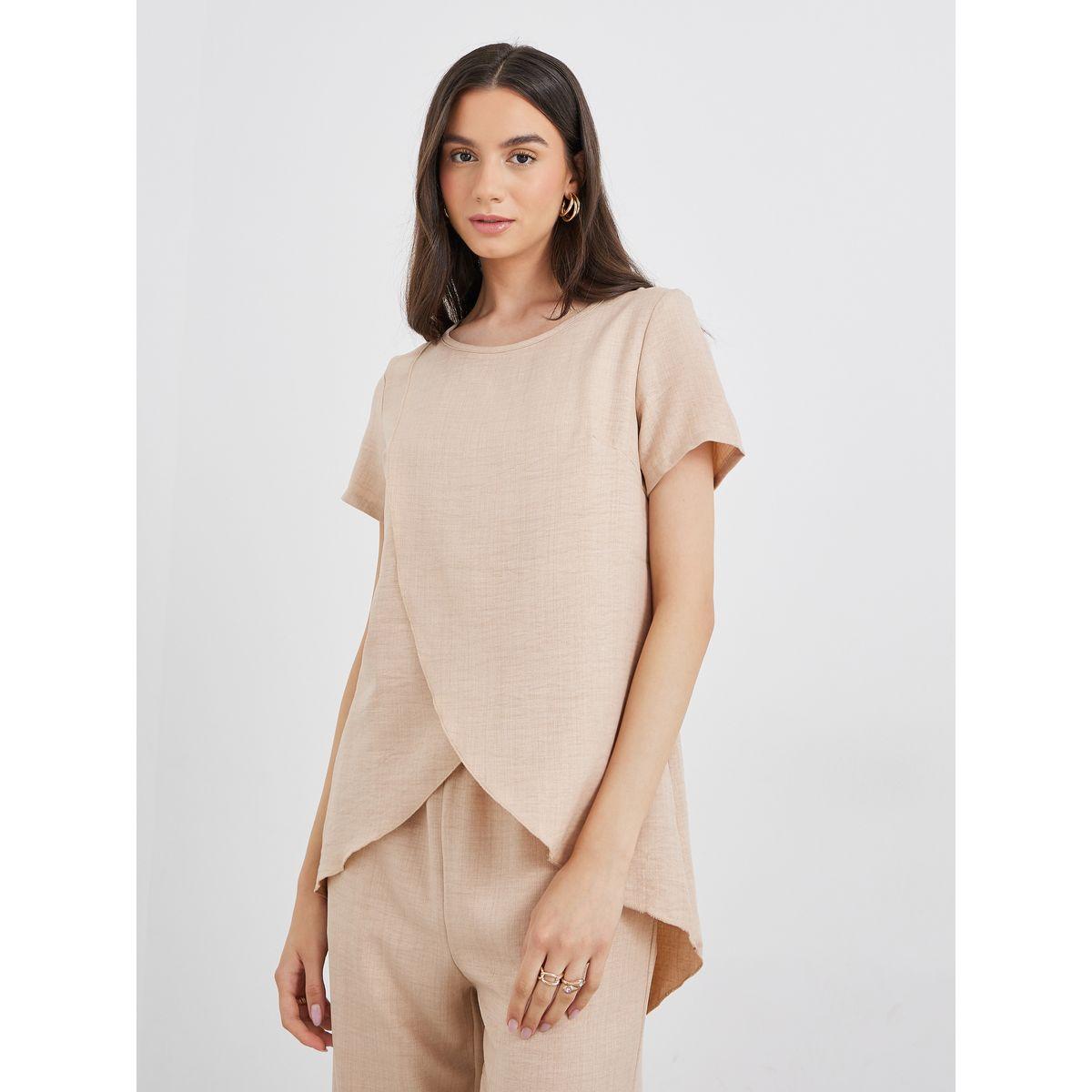 Styli Women Beige Wrap Top and Pants Co-Ords-women-clothing-coordsets-image-2