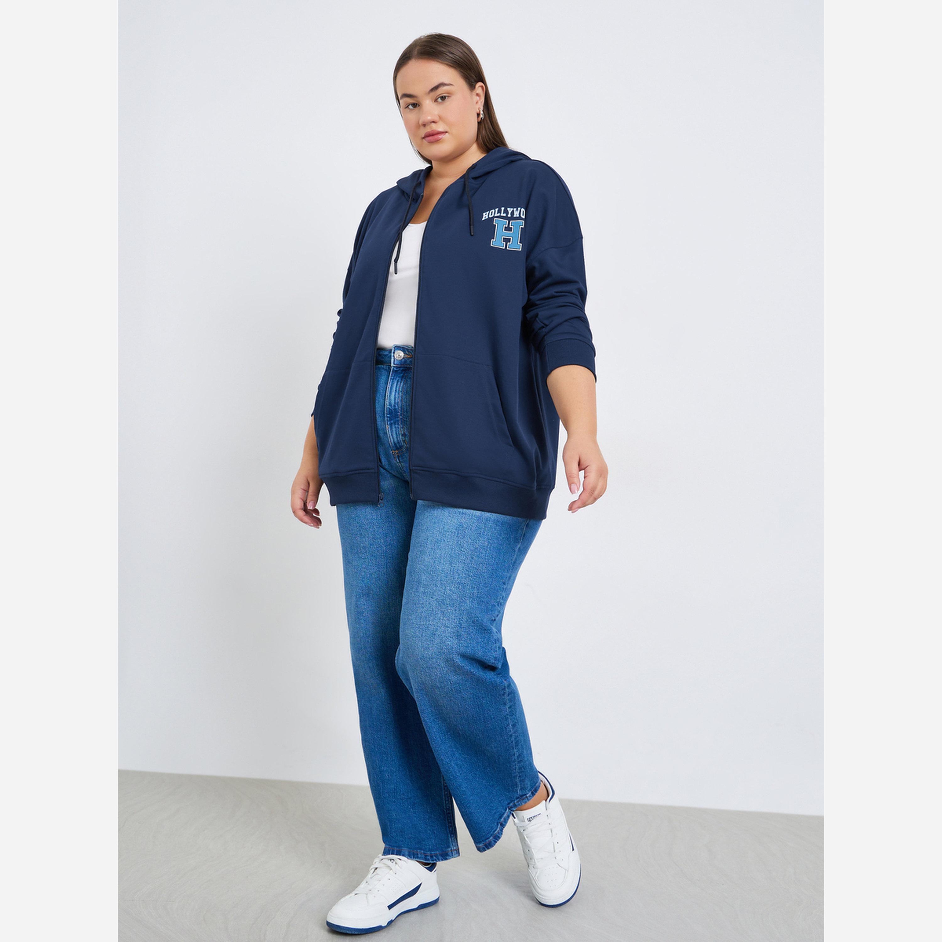Styli Plus Size Navy Blue Graphic Printed Hoodie-women-clothing-hoodiesandsweatshirts-hoodies-image-2