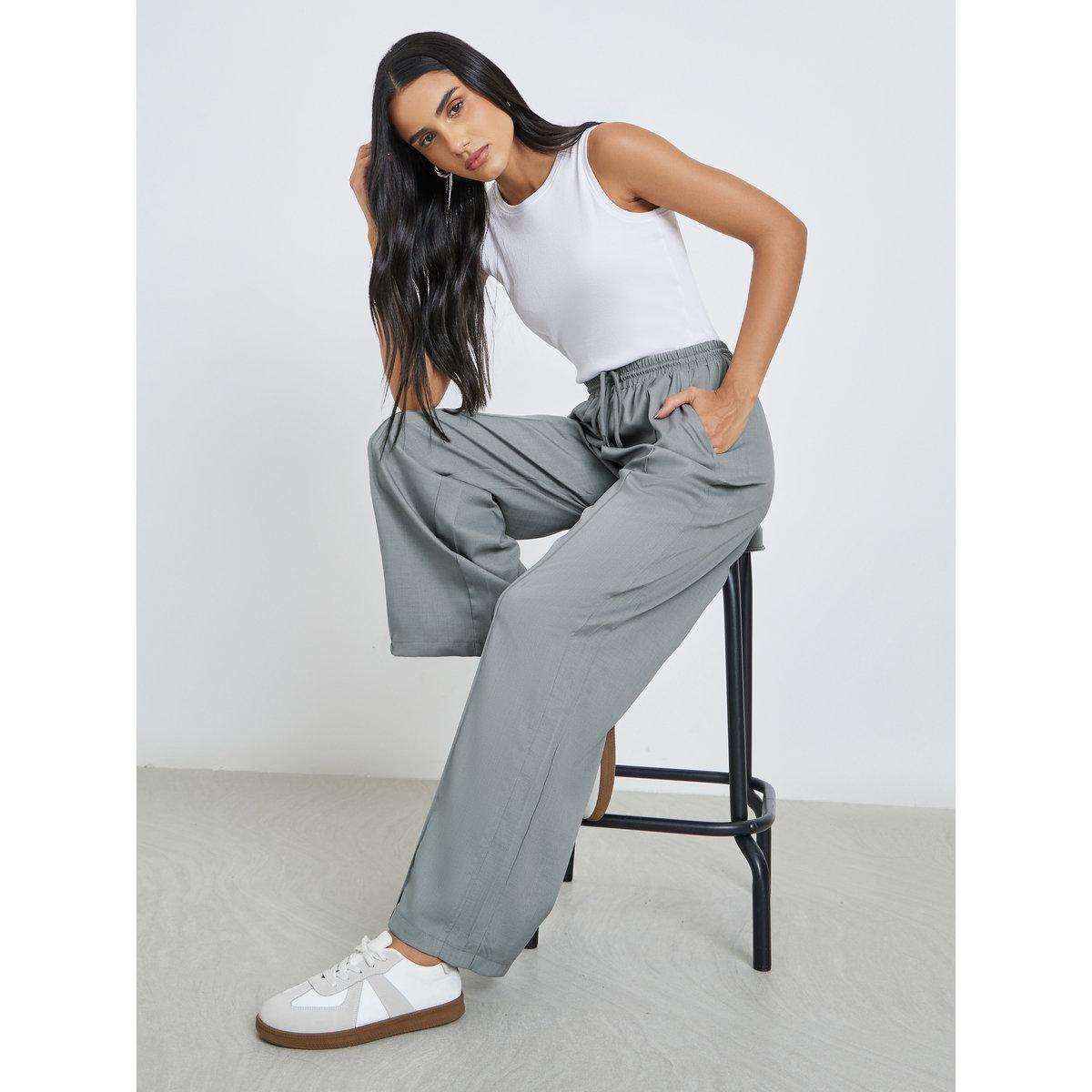 Styli Grey Linen Look Wide Leg Pants with Pintuck-women-clothing-bottoms-trousers-image-1