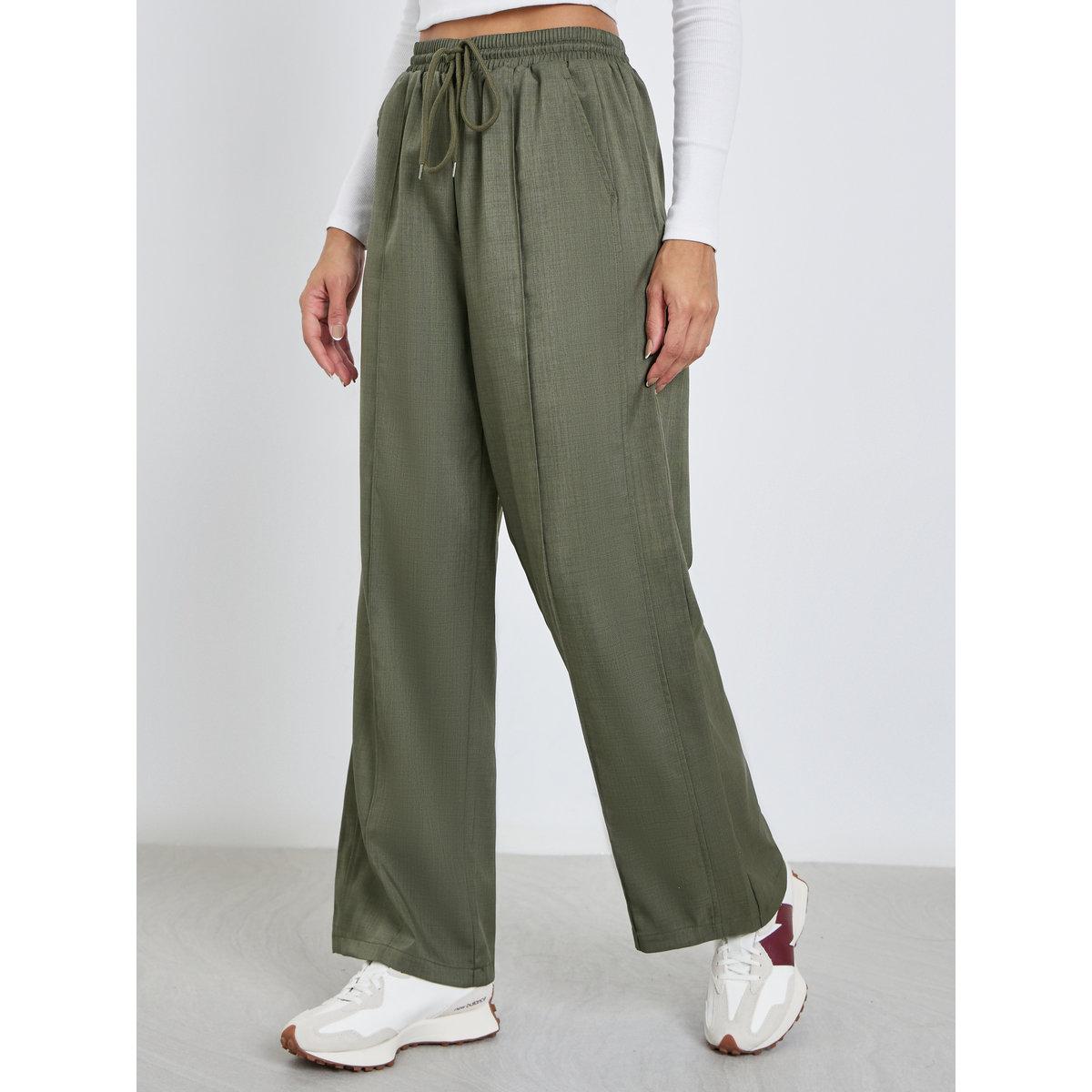 Styli Khaki Linen Look Wide Leg Pants with Pintuck-women-clothing-bottoms-trousers-image-2