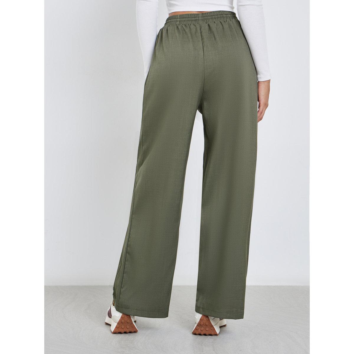 Styli Khaki Linen Look Wide Leg Pants with Pintuck-women-clothing-bottoms-trousers-image-4