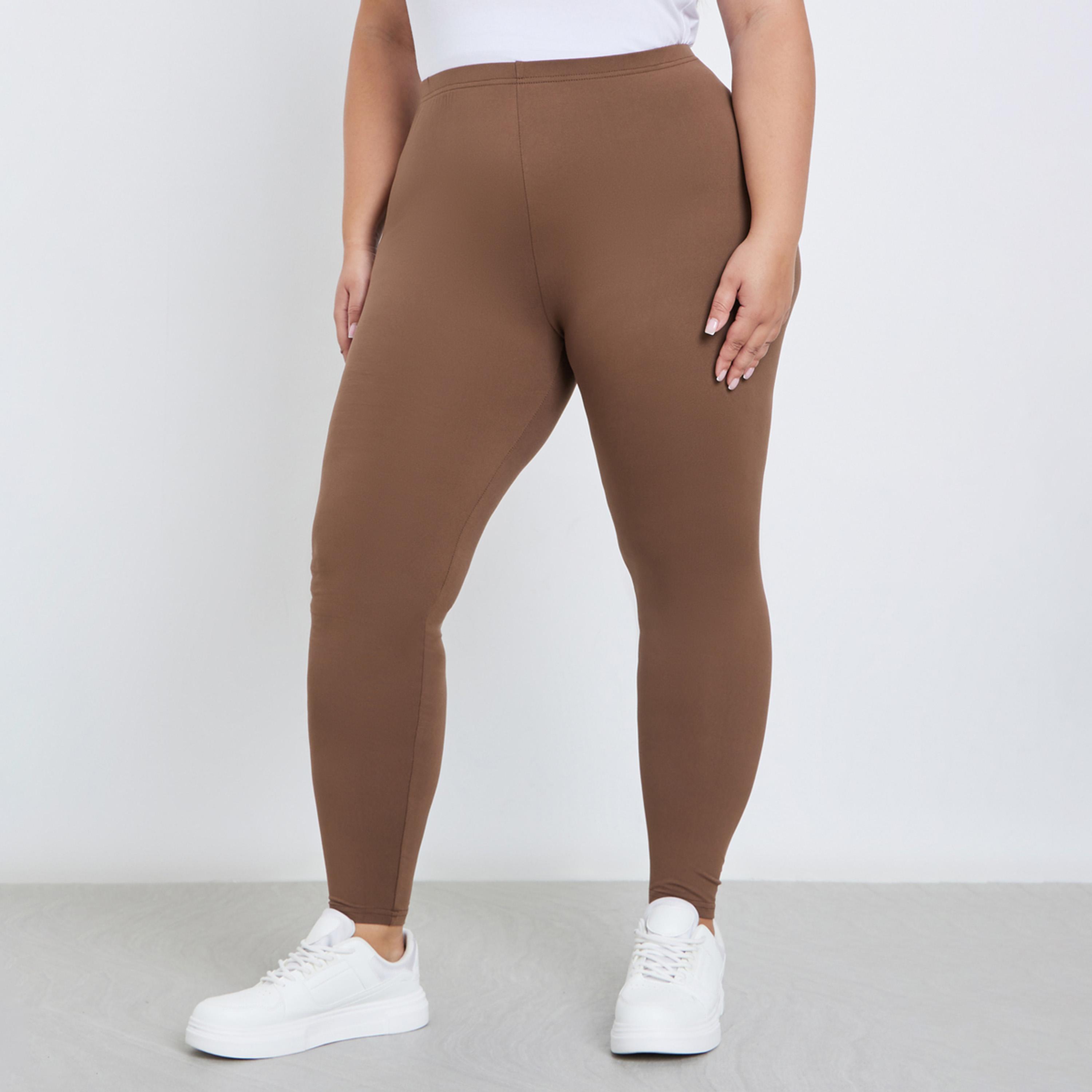 Styli Plus Size Brown Leggings with Elastic Waistband-women-clothing-plussize-leggings-image-1