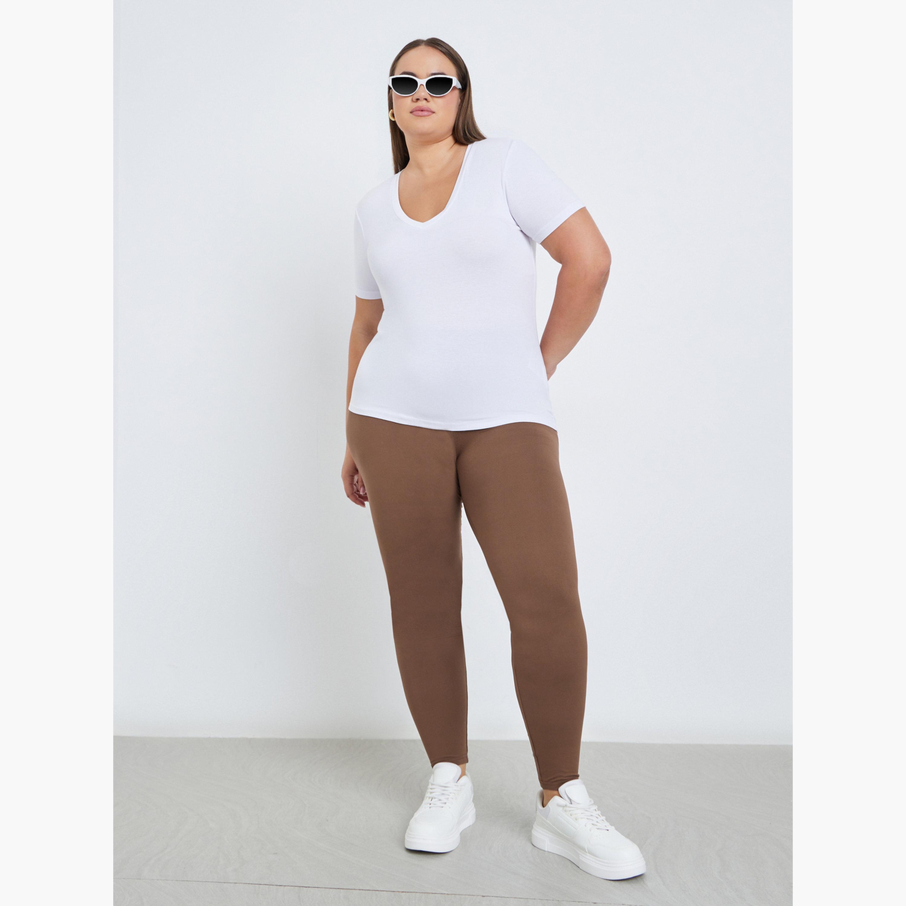 Styli Plus Size Brown Leggings with Elastic Waistband-women-clothing-plussize-leggings-image-2