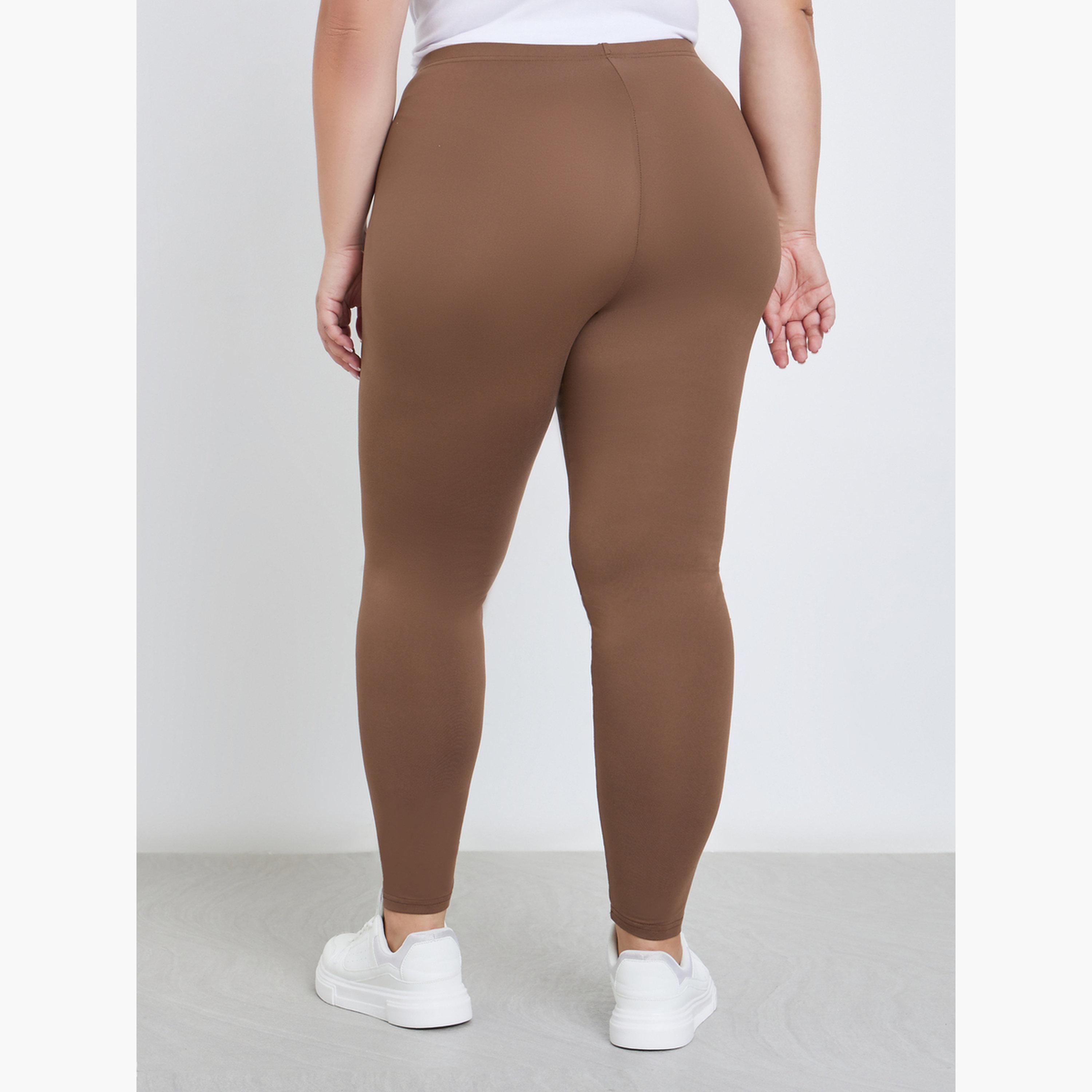Styli Plus Size Brown Leggings with Elastic Waistband-women-clothing-plussize-leggings-image-3