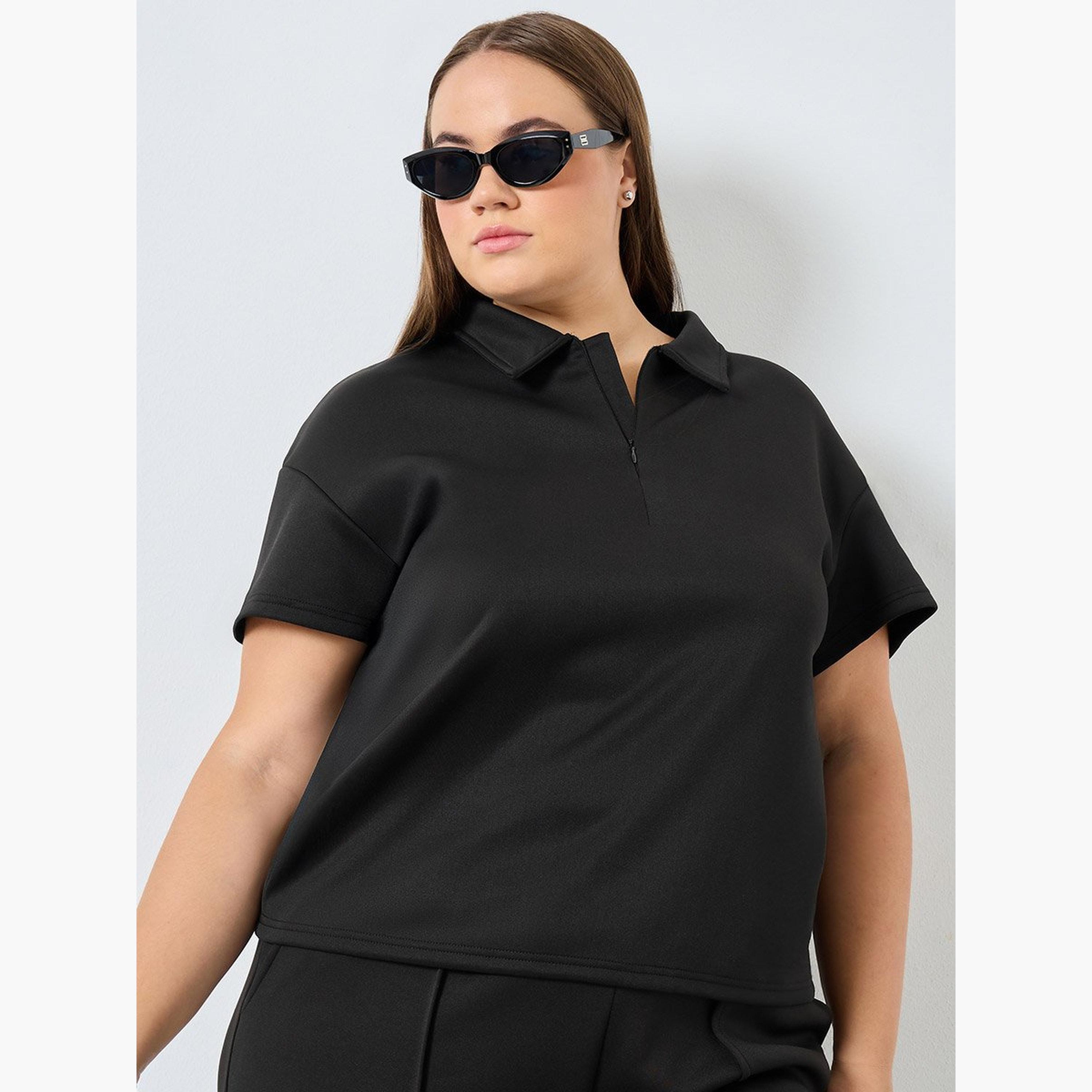 Styli Women Plus Size Black Polo T-Shirt-women-clothing-tshirts-image-1