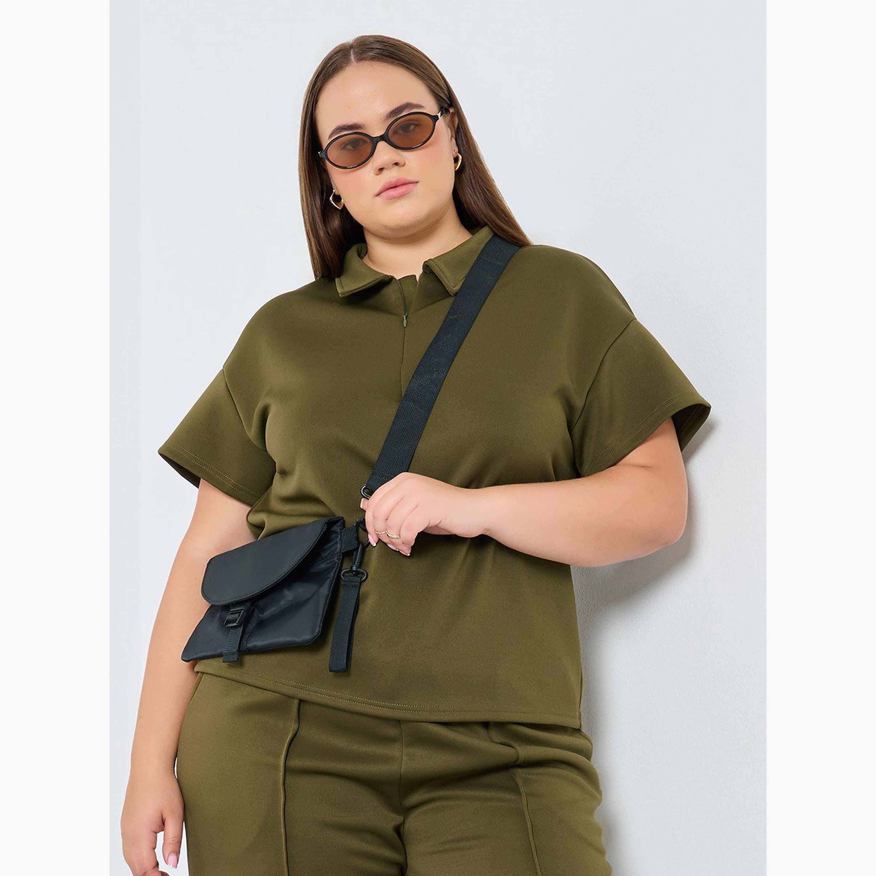 ستايلي - تي شيرت بولو كاكي مقاس كبير-women-clothing-tshirts-image-1