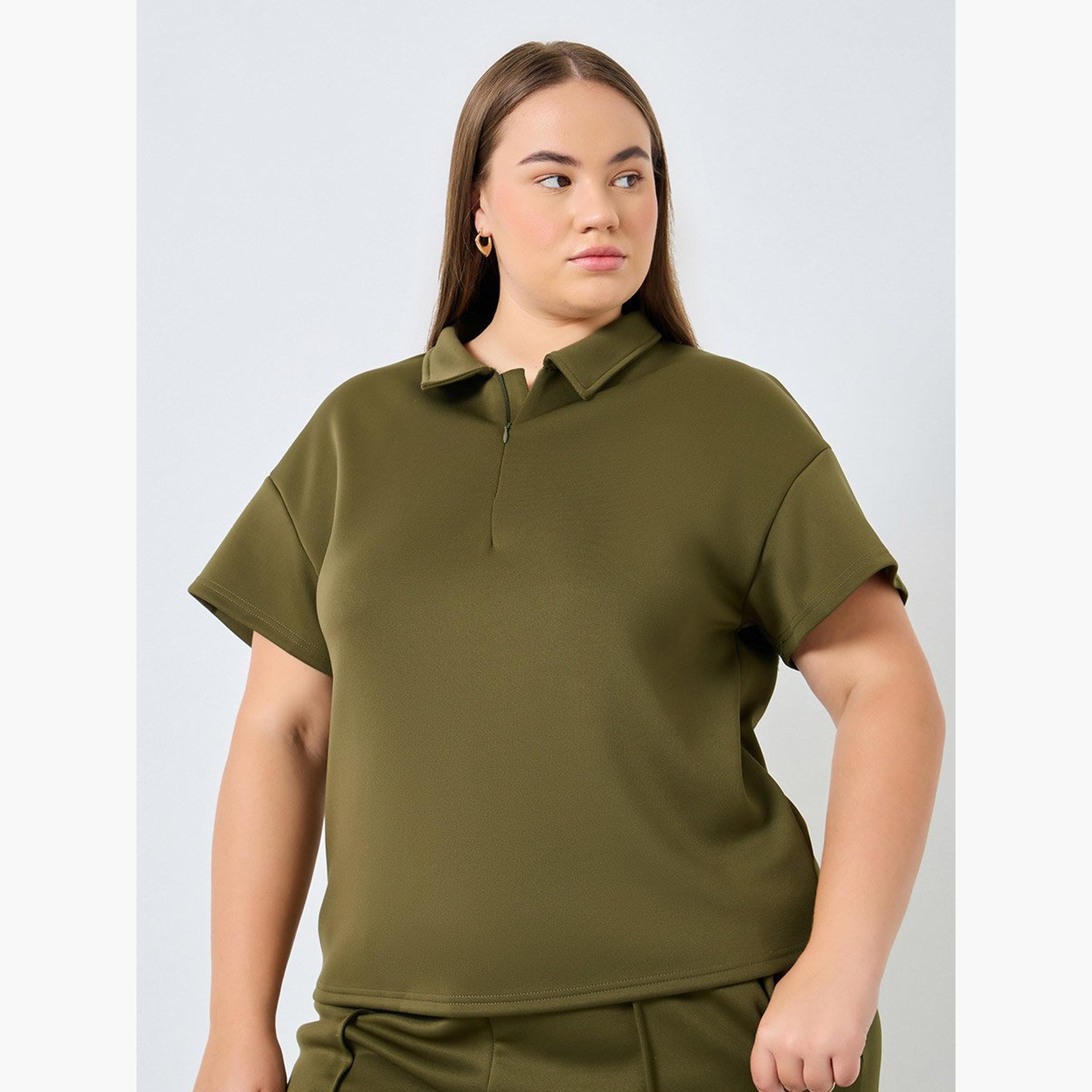 ستايلي - تي شيرت بولو كاكي مقاس كبير-women-clothing-tshirts-image-2