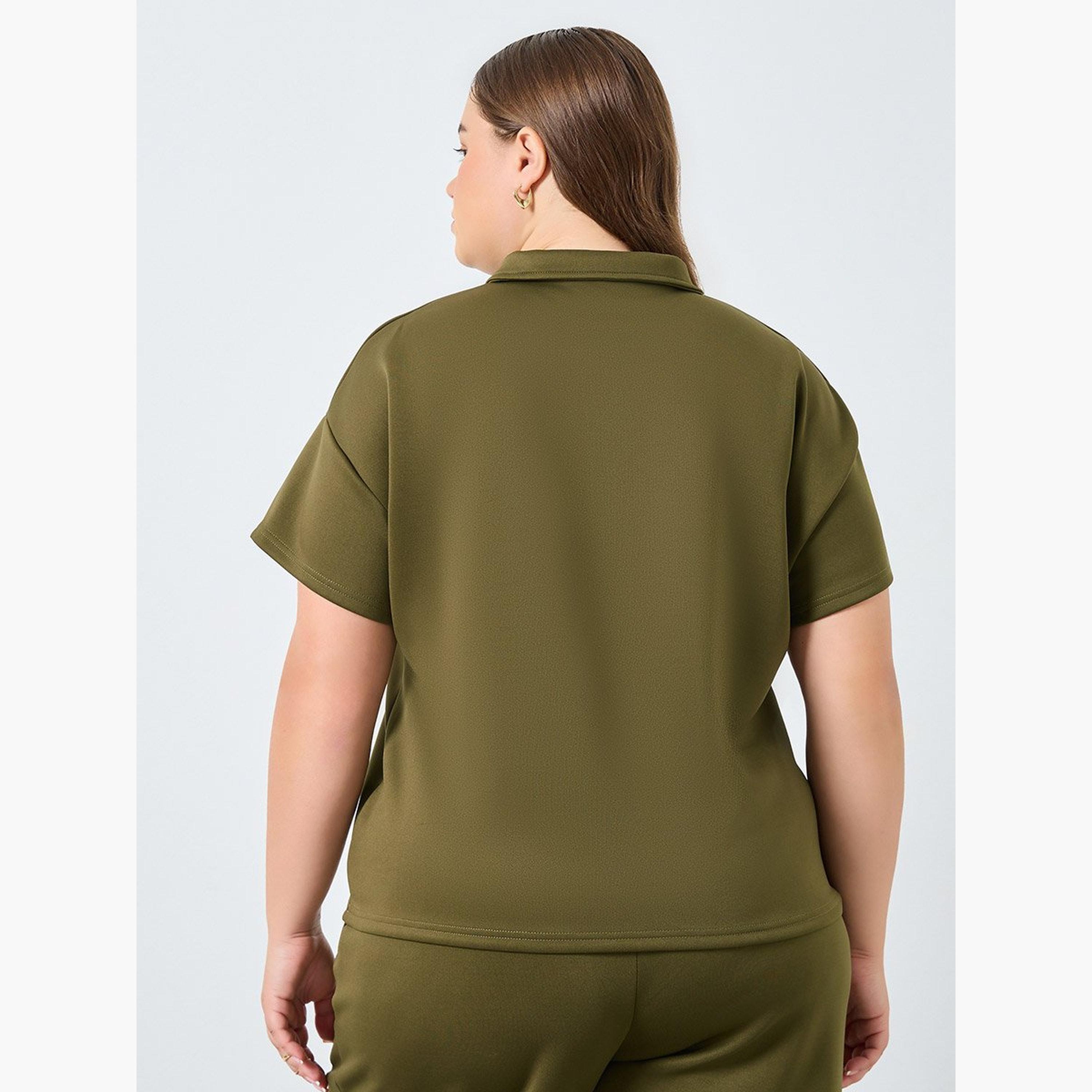 Styli Plus Size Khaki Polo T-Shirt-women-clothing-tshirts-image-4