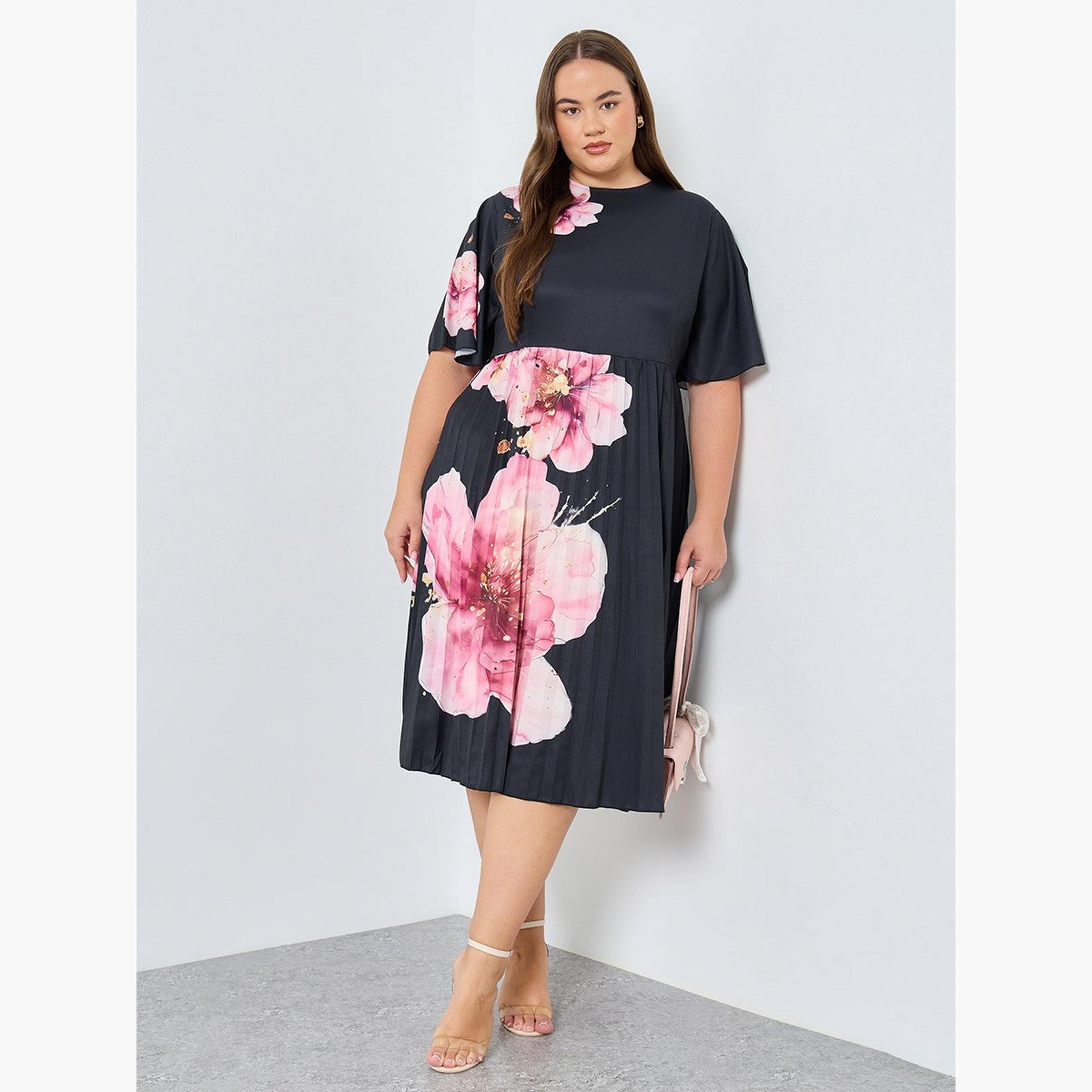 Styli Plus Size Black Floral Midi Dress-women-clothing-dresses-image-1