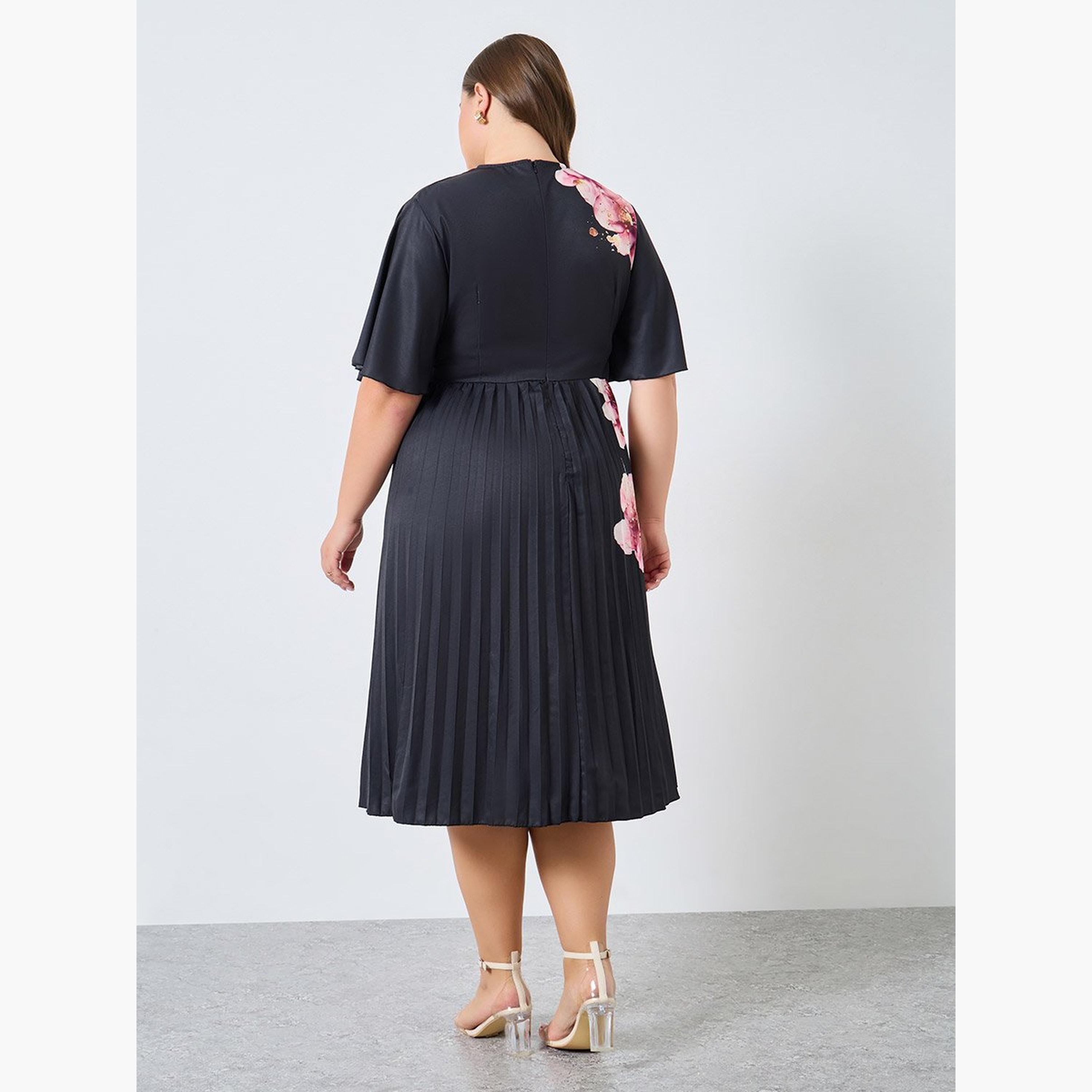 ستايلي - فستان ميدي أسود مزهر مقاس كبير-women-clothing-dresses-image-5
