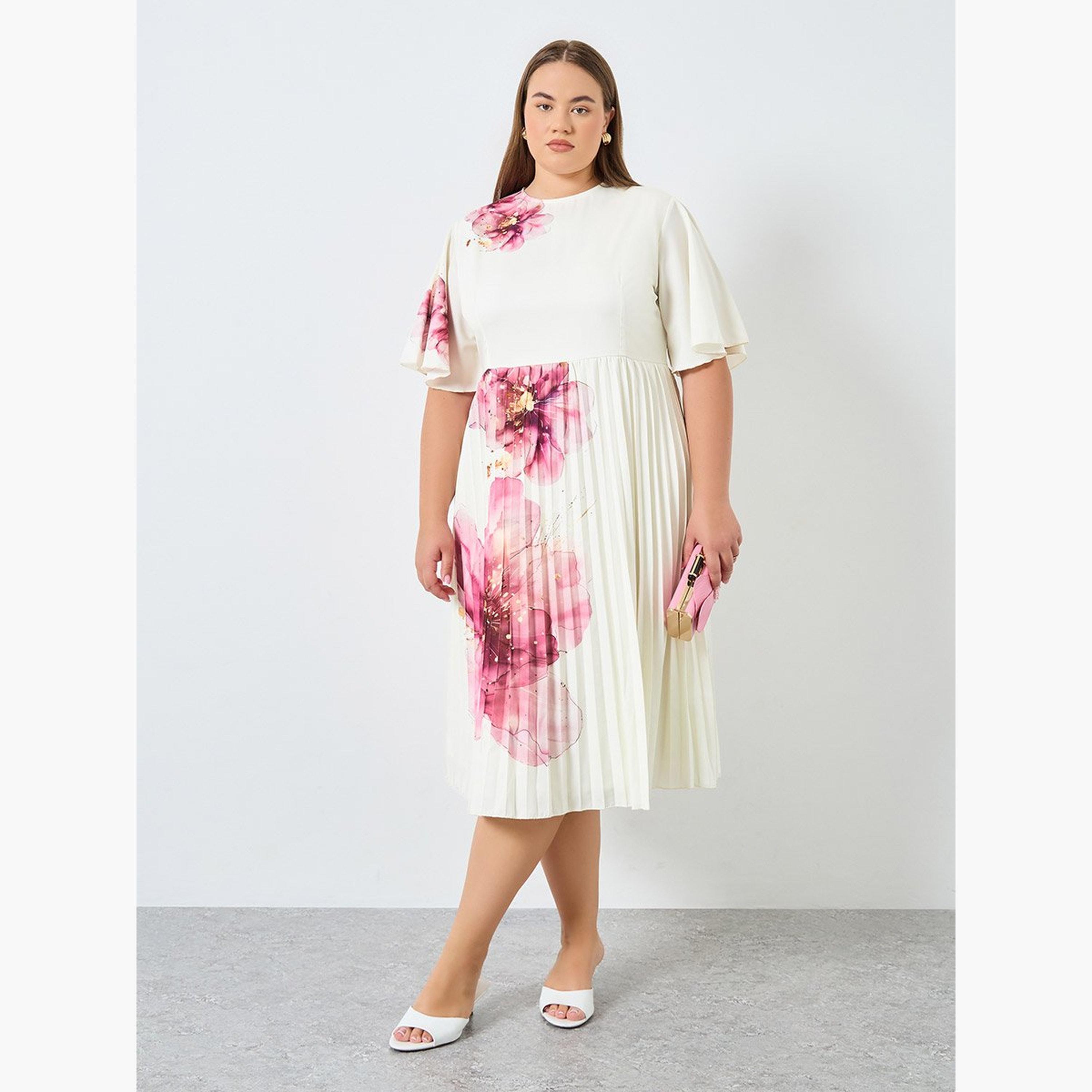 ستايلي - فستان ميدي كريمي مزهر مقاس كبير-women-clothing-dresses-image-1