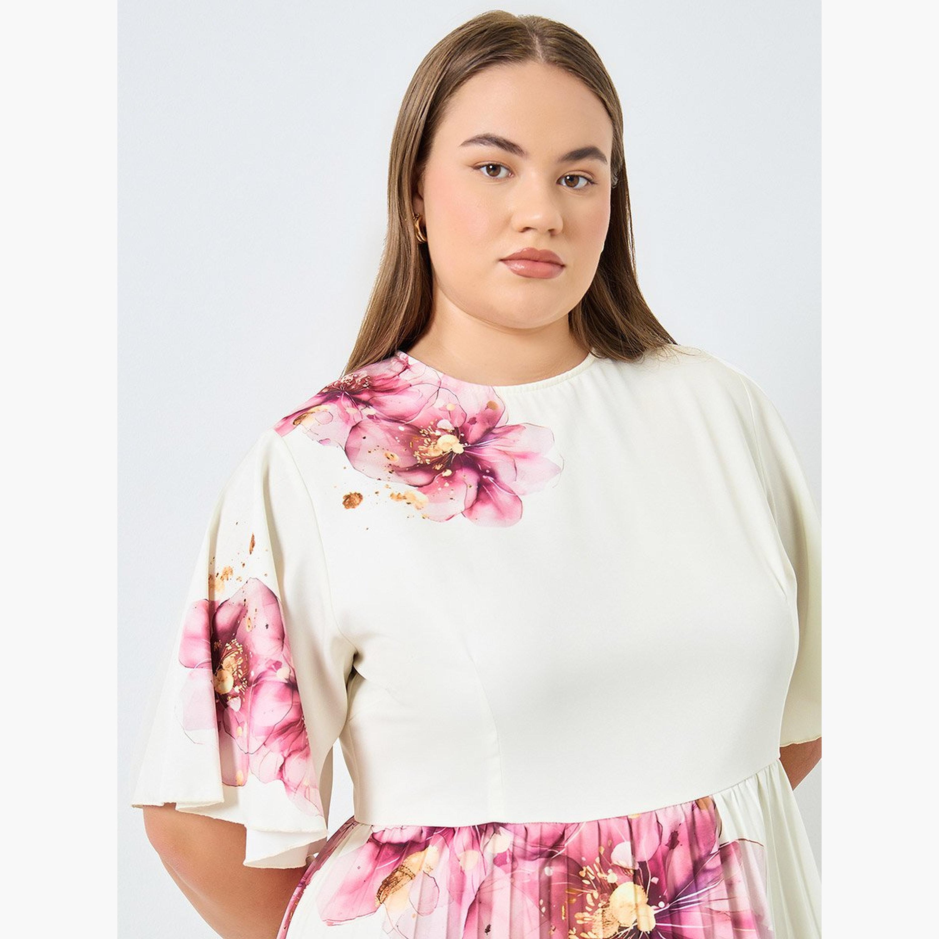 Styli Plus Size Cream Floral Midi Dress-women-clothing-dresses-image-3