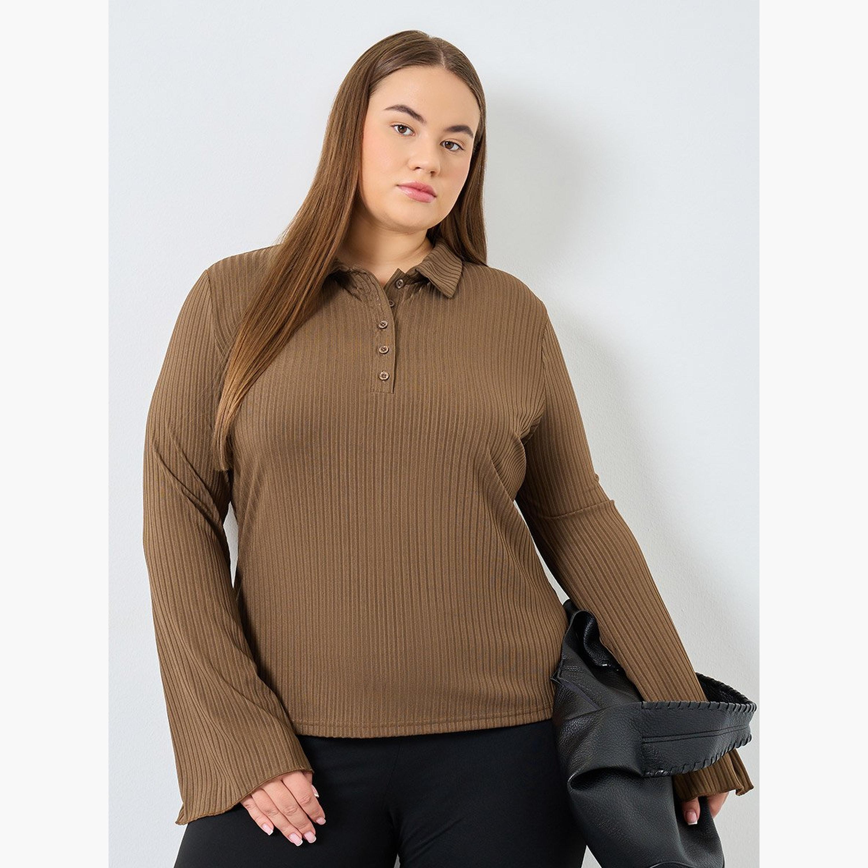 Styli Plus Size Long Sleeve Polo T-Shirt-women-clothing-plussize-tshirts-image-1