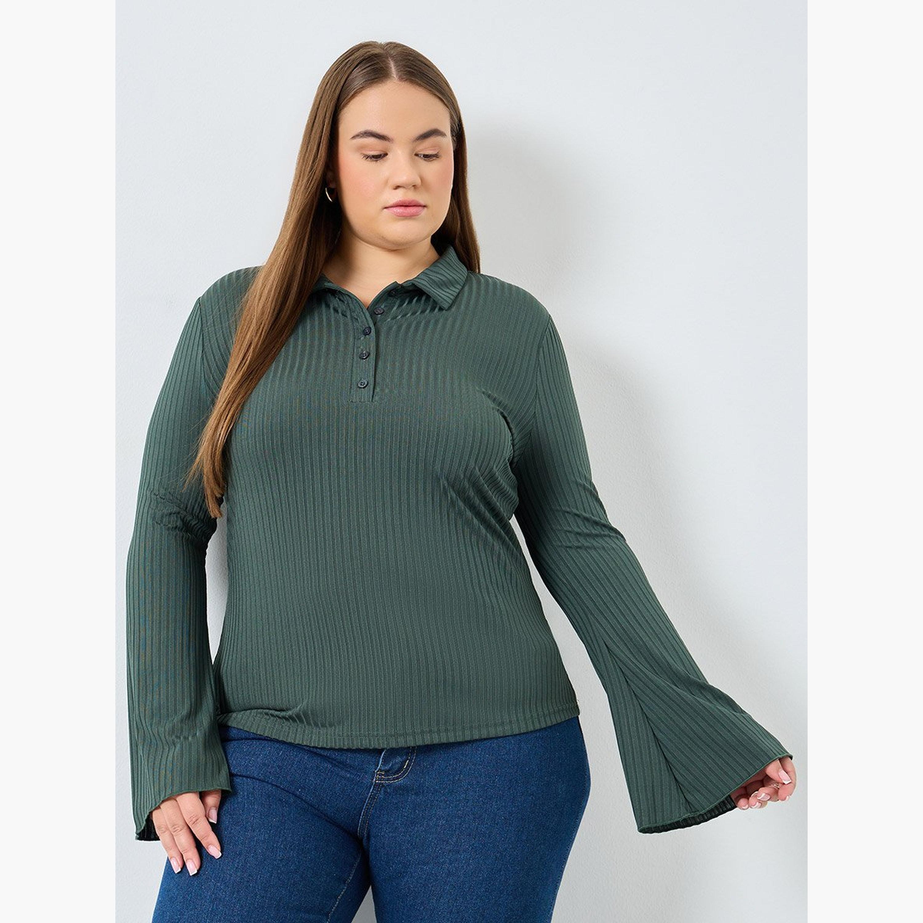 ستايلي - تي شيرت بولو بأكمام طويلة ومقاس كبير-women-clothing-plussize-tshirts-image-1