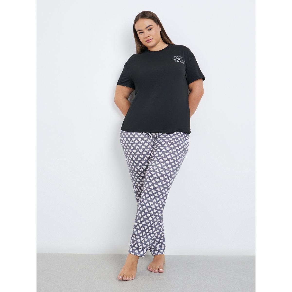 Styli Plus Drop Shoulder Slogan T-Shirt and Heart Cuffed Pyjama Set-women-clothing-nightwear-pyjamas-longsets-image-1