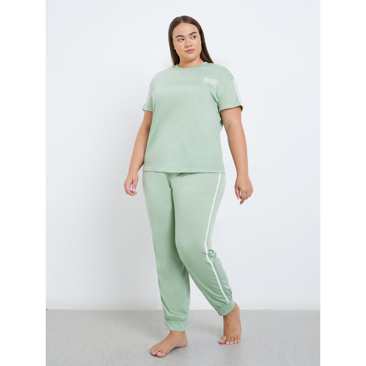 Styli Plus Slogan Print T-Shirt and Cuffed Pyjama Set-women-clothing-nightwear-pyjamas-longsets-image-2