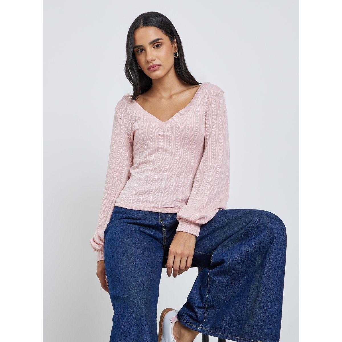 Styli Women Pink Deep V Neck Knit Top-women-clothing-tshirts-image-1