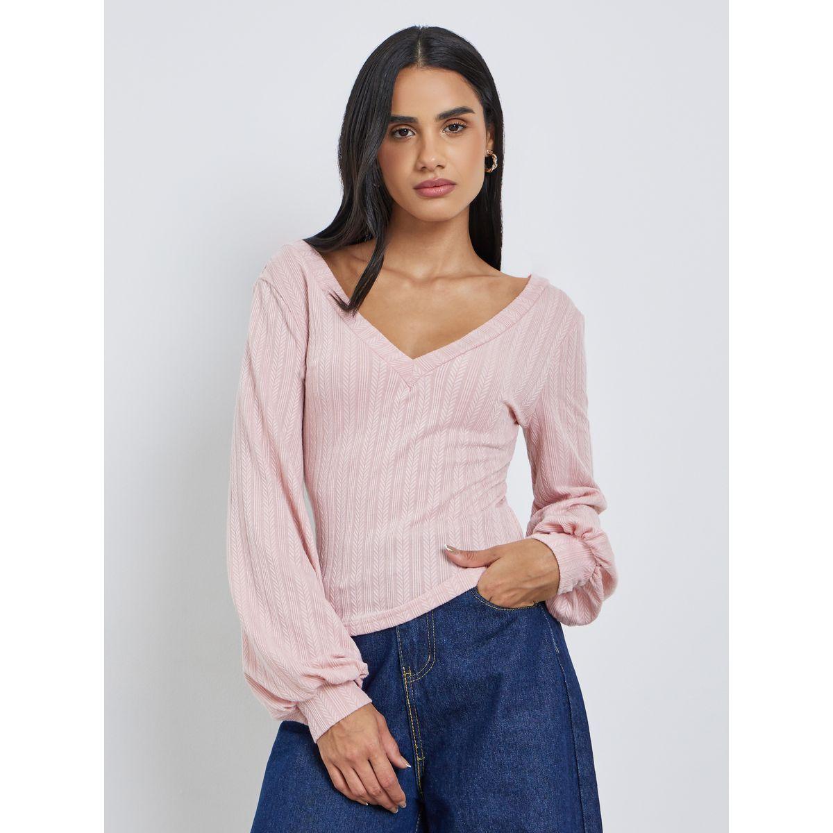 Styli Women Pink Deep V Neck Knit Top-women-clothing-tshirts-image-3