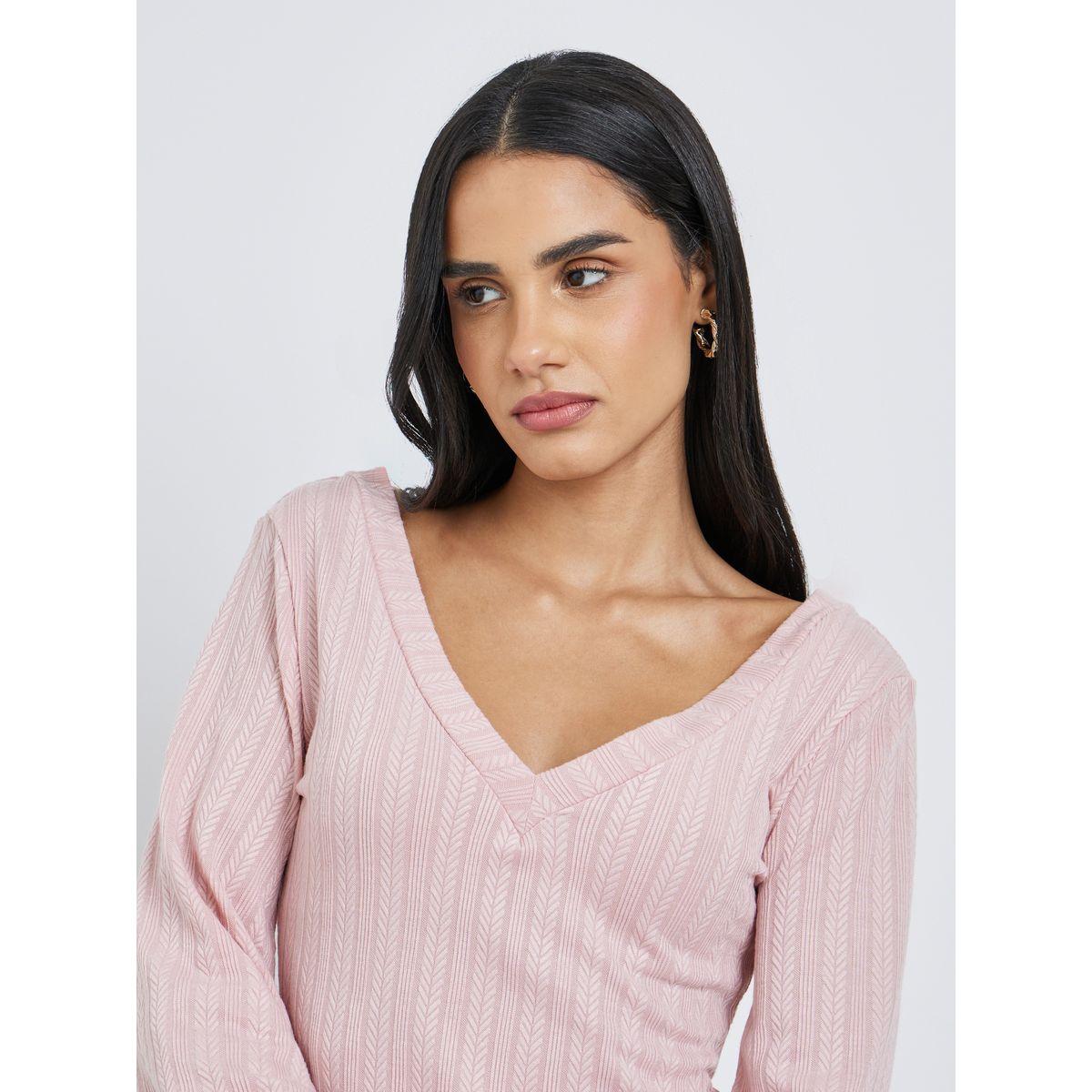 Styli Women Pink Deep V Neck Knit Top-women-clothing-tshirts-image-4