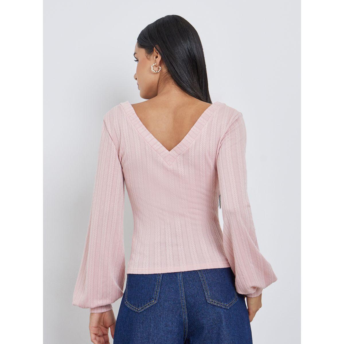 Styli Women Pink Deep V Neck Knit Top-women-clothing-tshirts-image-5