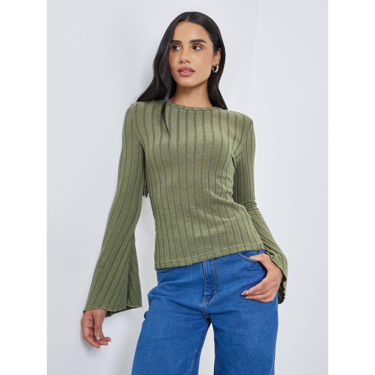 Styli Textured Flared Long Sleeve Knit Top-women-clothing-tshirts-image-1
