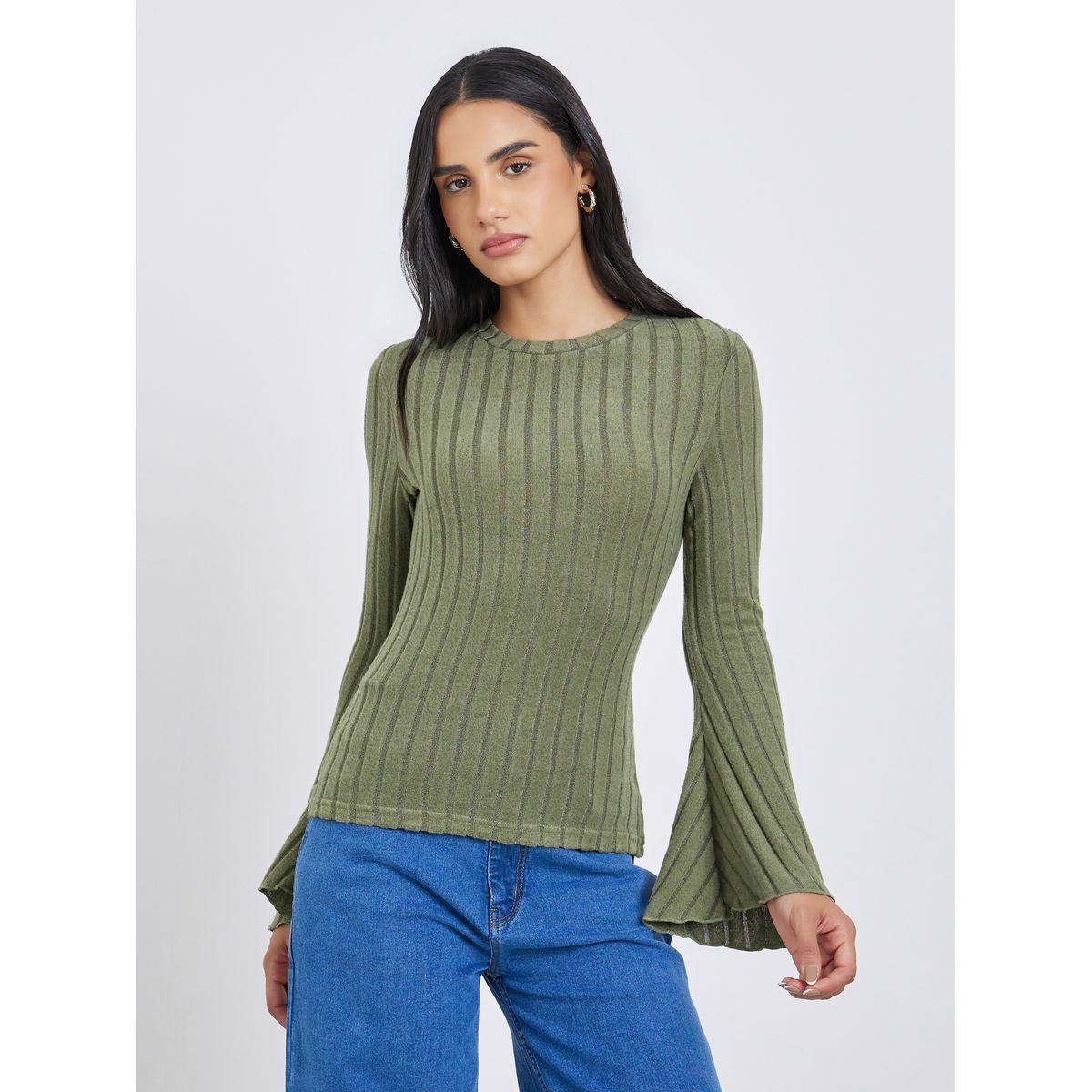 Styli Textured Flared Long Sleeve Knit Top-women-clothing-tshirts-image-3