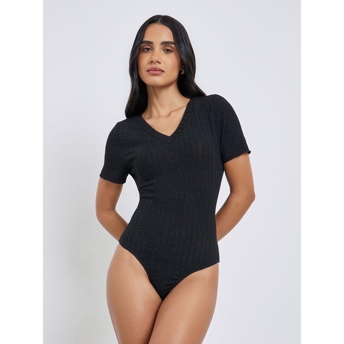 Styli Black Ribbed V Neck Bodysuit-women-clothing-shirtsandblouses-blouses-image-1