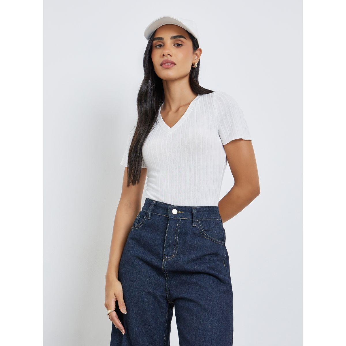 Styli White Ribbed V Neck Bodysuit-women-clothing-shirtsandblouses-blouses-image-3