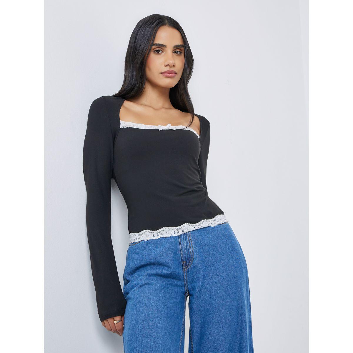 Styli Black Square Neck Long Sleeve Knit Top-women-clothing-tshirts-image-1