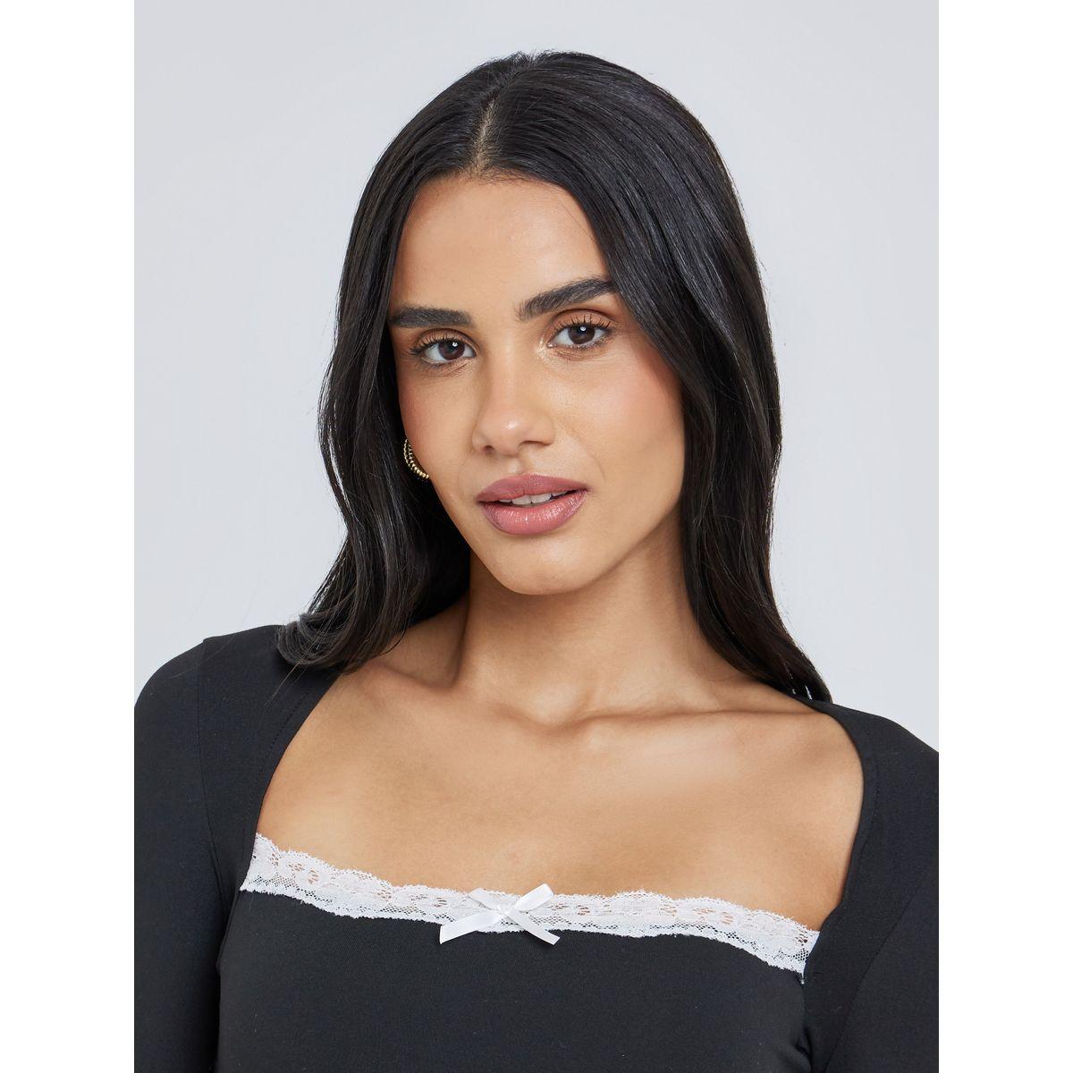 Styli Black Square Neck Long Sleeve Knit Top-women-clothing-tshirts-image-3
