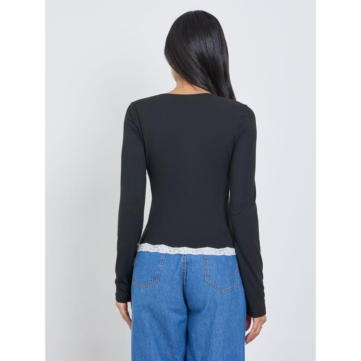 Styli Black Square Neck Long Sleeve Knit Top-women-clothing-tshirts-image-4