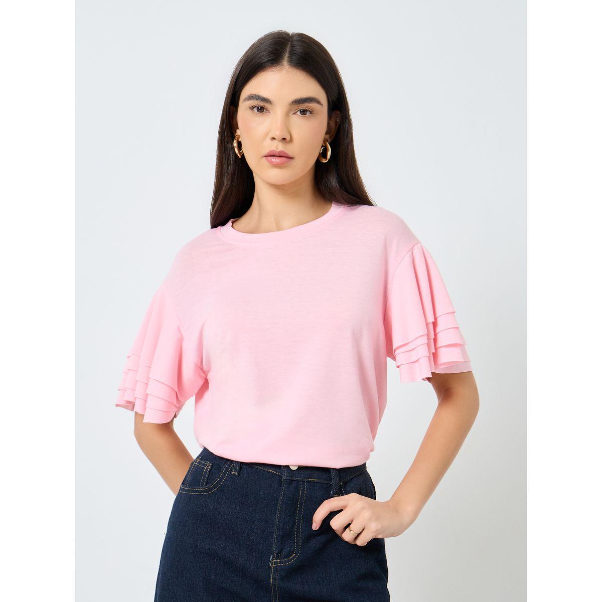 Styli Pink Ruffled Short Sleeved T-Shirt-women-clothing-tshirts-image-1