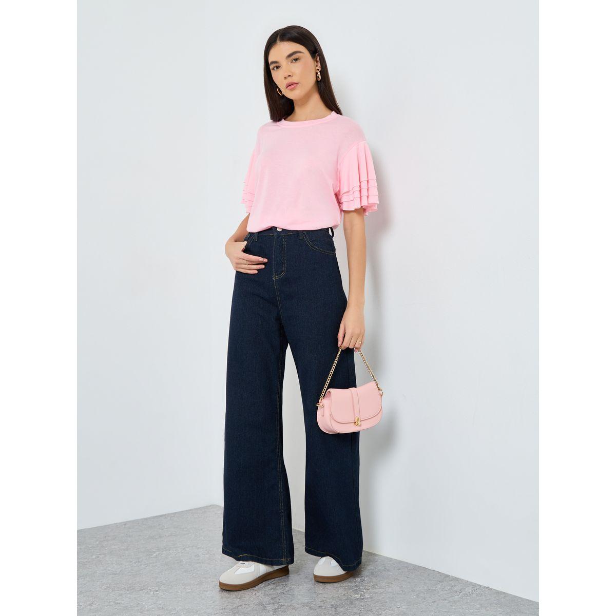 تيشيرت بتفاصيل كسرات وأكمام قصيرة-women-clothing-tshirts-image-2