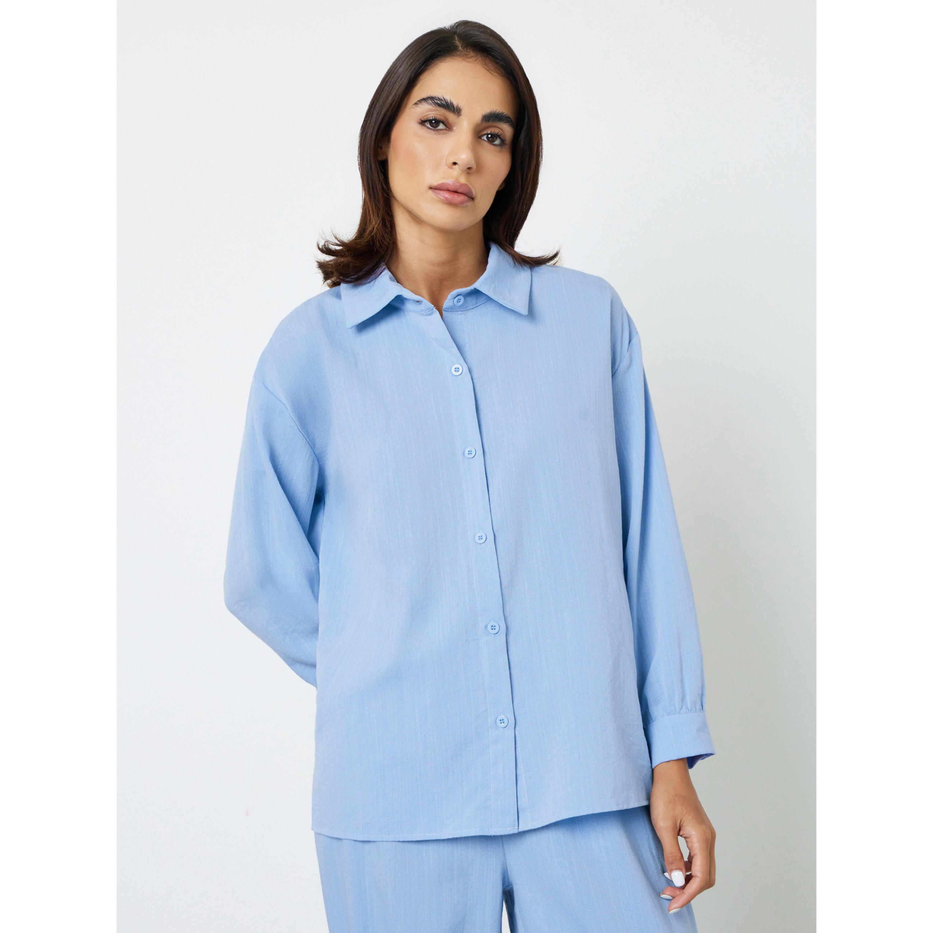 Styli Blue Solid Buttoned Shirt and Loose Pants Co-Ords-women-clothing-coordsets-image-2