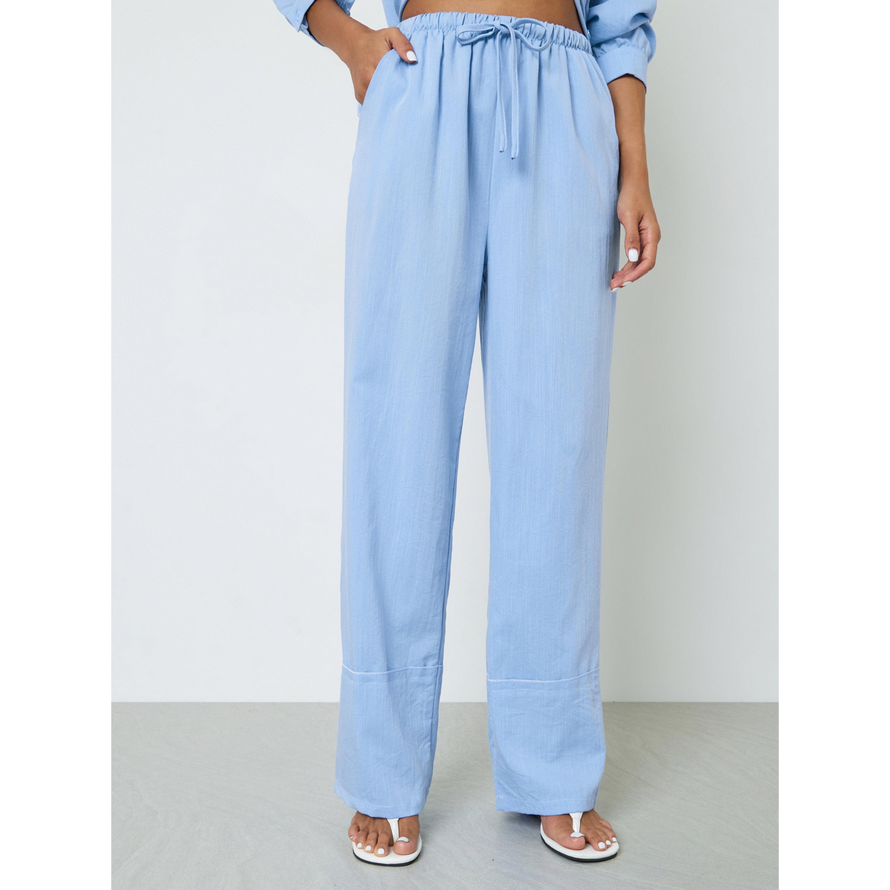 Styli Blue Solid Buttoned Shirt and Loose Pants Co-Ords-women-clothing-coordsets-image-4