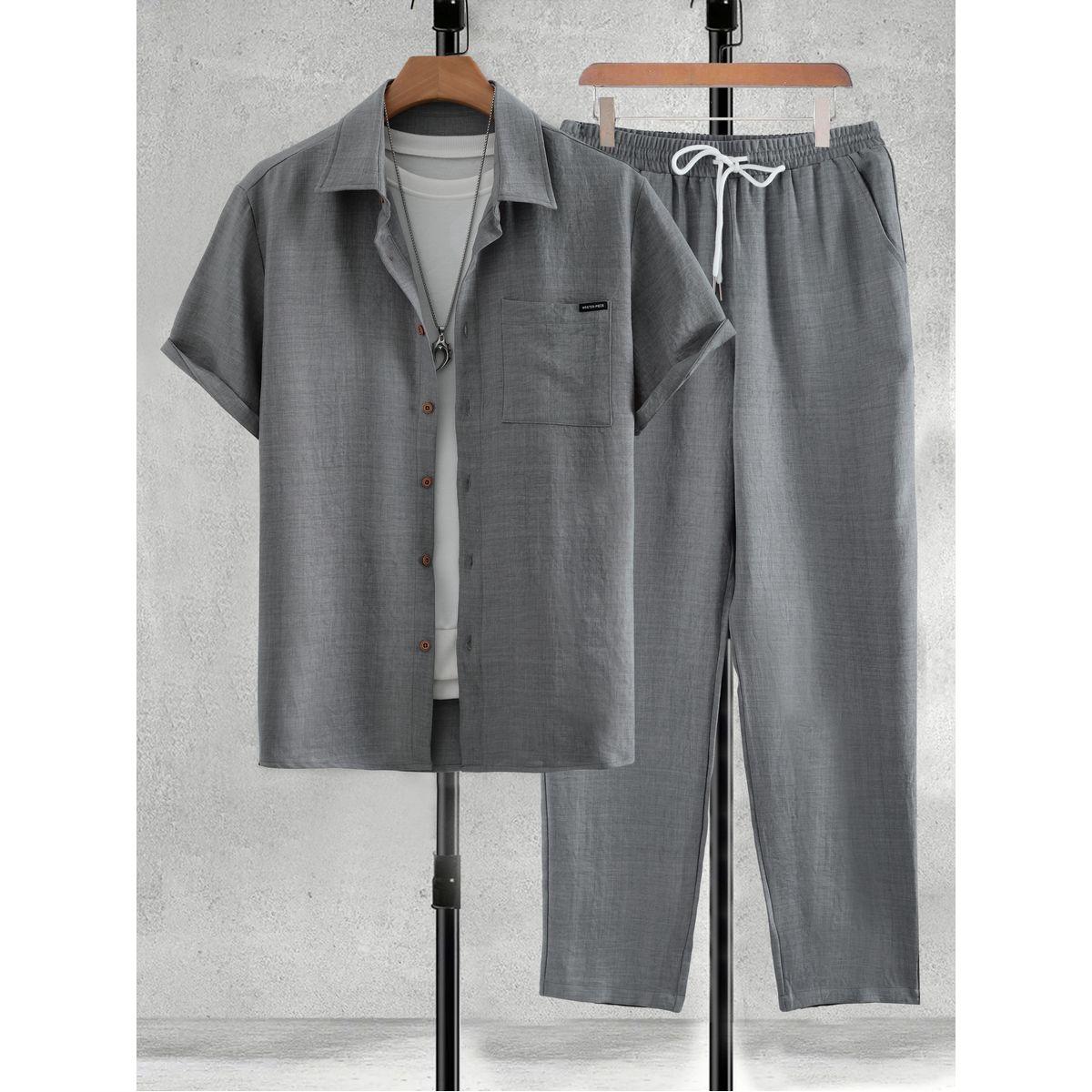 Styli Men Grey Solid Pocket Detail Shirt and Pants Co-Ords-men-clothing-coordsets-image-1
