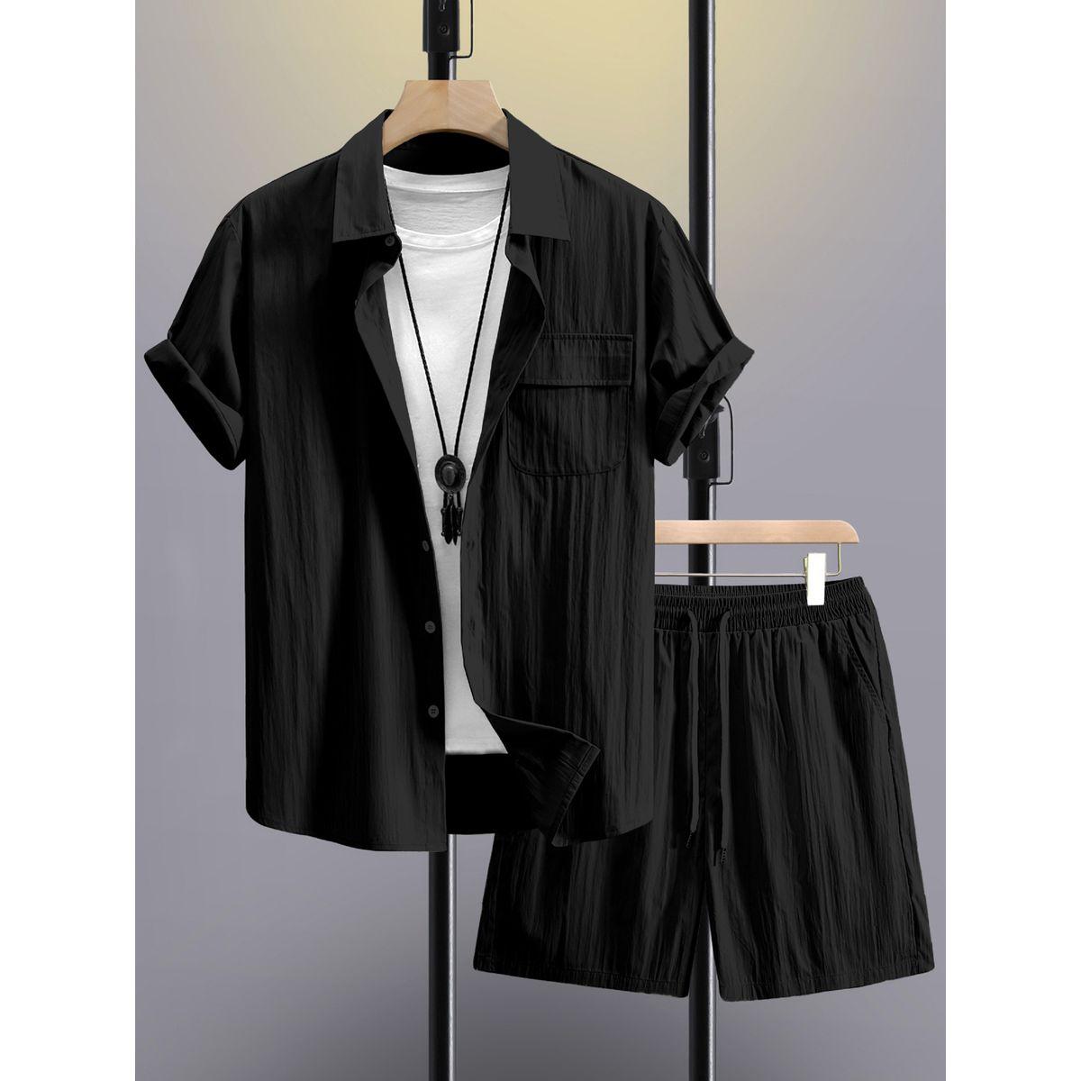 طقم منسق من شورت وقميص سادة بتفاصيل جيب-men-clothing-coordsets-image-1
